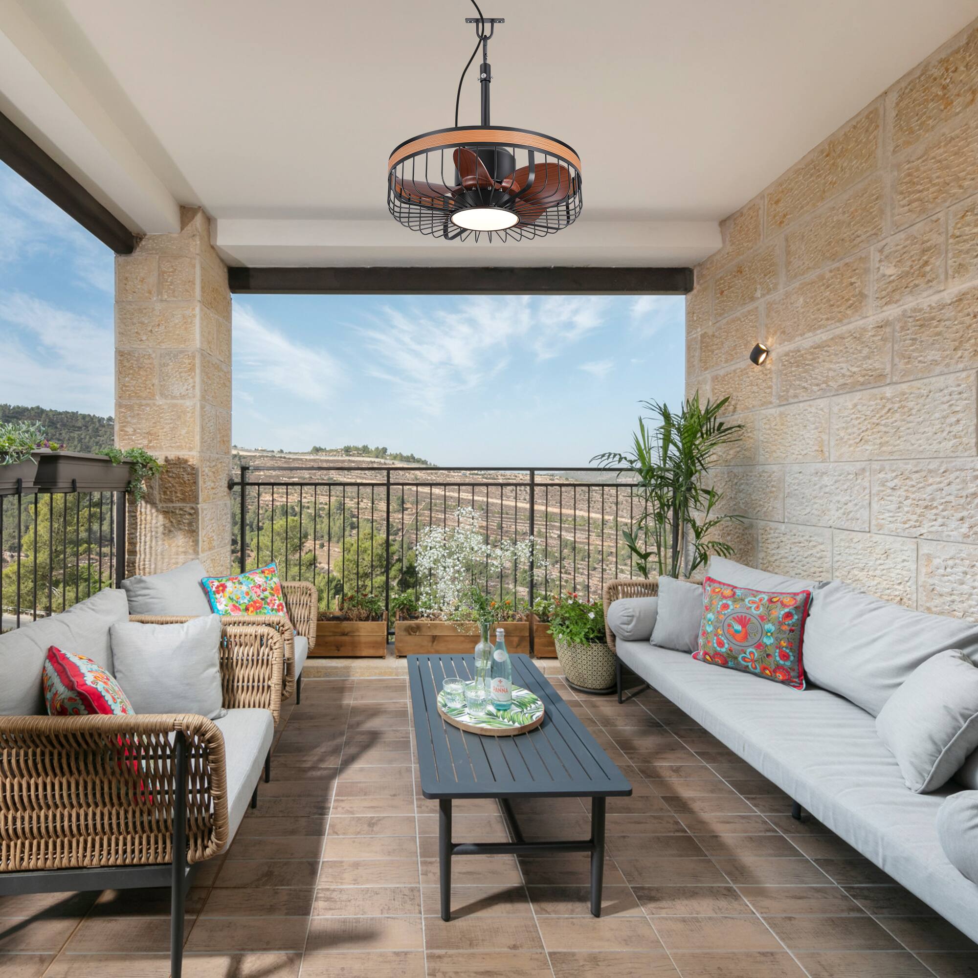 Left. Breezary - 19" Outdoor Waterproof Ceiling Fan with Gazebo Light, DC Motor, Remote, Reversible ABS Blades, Wet/Damp Rated, Patio Use - Dark Walnut + Walnut Trim(Plug-in).