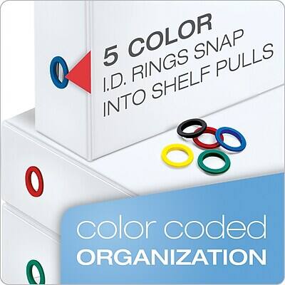 5 COLOR I.D. RINGS SNAP INTO SHELF PULLS  
color coded ORGANIZATION