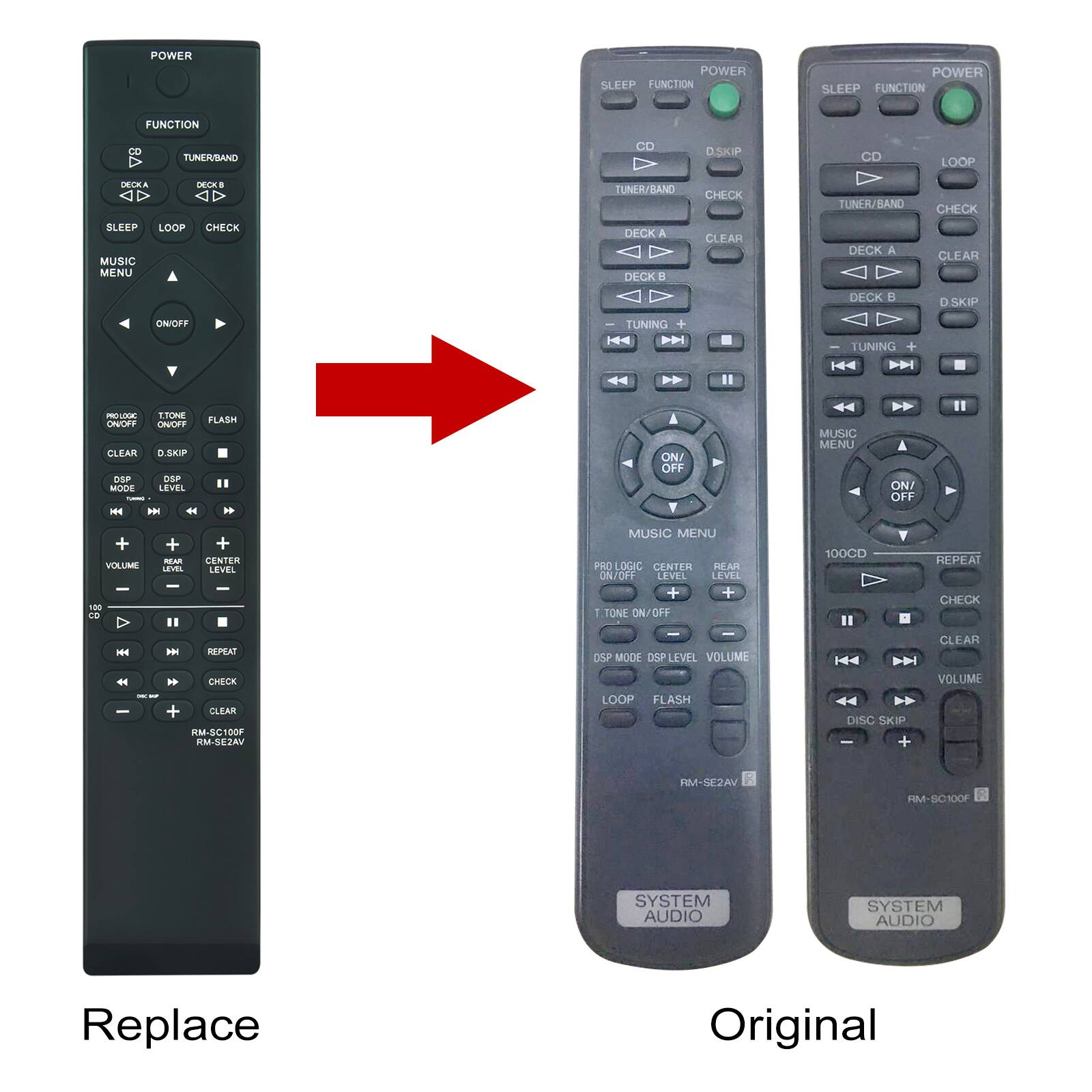 **Replace:**

- POWER
- FUNCTION
- CD
- TUNER/BAND
- DECK A
- DECK B
- SLEEP
- LOOP
- CHECK
- MUSIC MENU
- ON/OFF
- PRO LOGIC ON/OFF
- TONE ON/OFF
- FLASH
- CLEAR
- DSP MODE
- DSP LEVEL
- VOLUME
- REPEAT
- CHECK
- CLEAR
- RIM-SC100F
- RM-SE2AV

**Original:**

- POWER
- SLEEP
- FUNCTION
- CD
- D.SKP
- TUNER/BAND
- DECK A
- DECK B
- TUNING +
- TUNING -
- MUSIC MENU
- ON/OFF
- PRO LOGIC ON/OFF
- TONE ON/OFF
- DSP MODE
- DSP LEVEL
- VOLUME
- LOOP
- FLASH
- RM-SE2AV
- SYSTEM AUDIO

- POWER
- SLEEP
- FUNCTION
- CD
- LOOP
- TUNER/BAND
- DECK A
- DECK B
- TUNING +
- TUNING -
- MUSIC