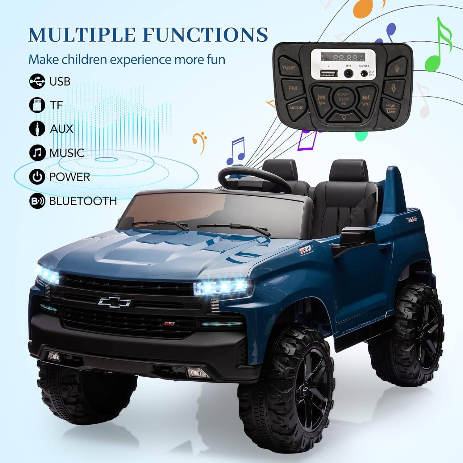MULTIPLE FUNCTIONS  
Make children experience more fun  

- USB  
- TF  
- AUX  
- MUSIC  
- POWER  
- BLUETOOTH  

TUNE USB FM - TF MODE  
88.88  
...E  
CIARI 144  
+  
V+ High Low  
AUX MUSIC POWER  
B)) BLUETOOTH  
H En W