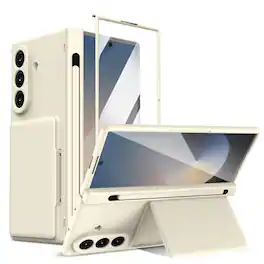 Dteck - Case for Samsung Galaxy Z Fold7 with Hinge Protection,Rugged Card Holder Cover,Bulit in Screen Protector+Stylus Slot+Pen - Apricot