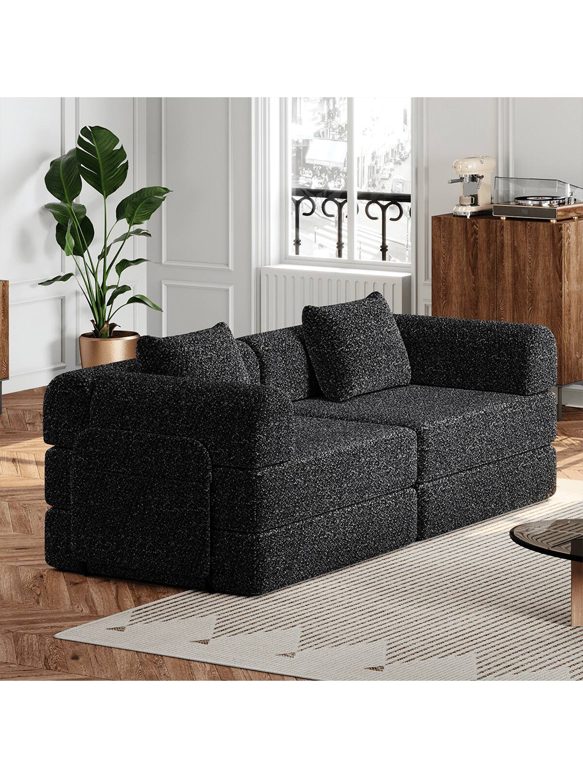 Alt View 2. Trinkets Crazed - Convertible Sofa Bed, 72.4"+ 72.4" Sectional Couch 4-Seater With Storage Pockets Modular Sleeper Couch - Black.