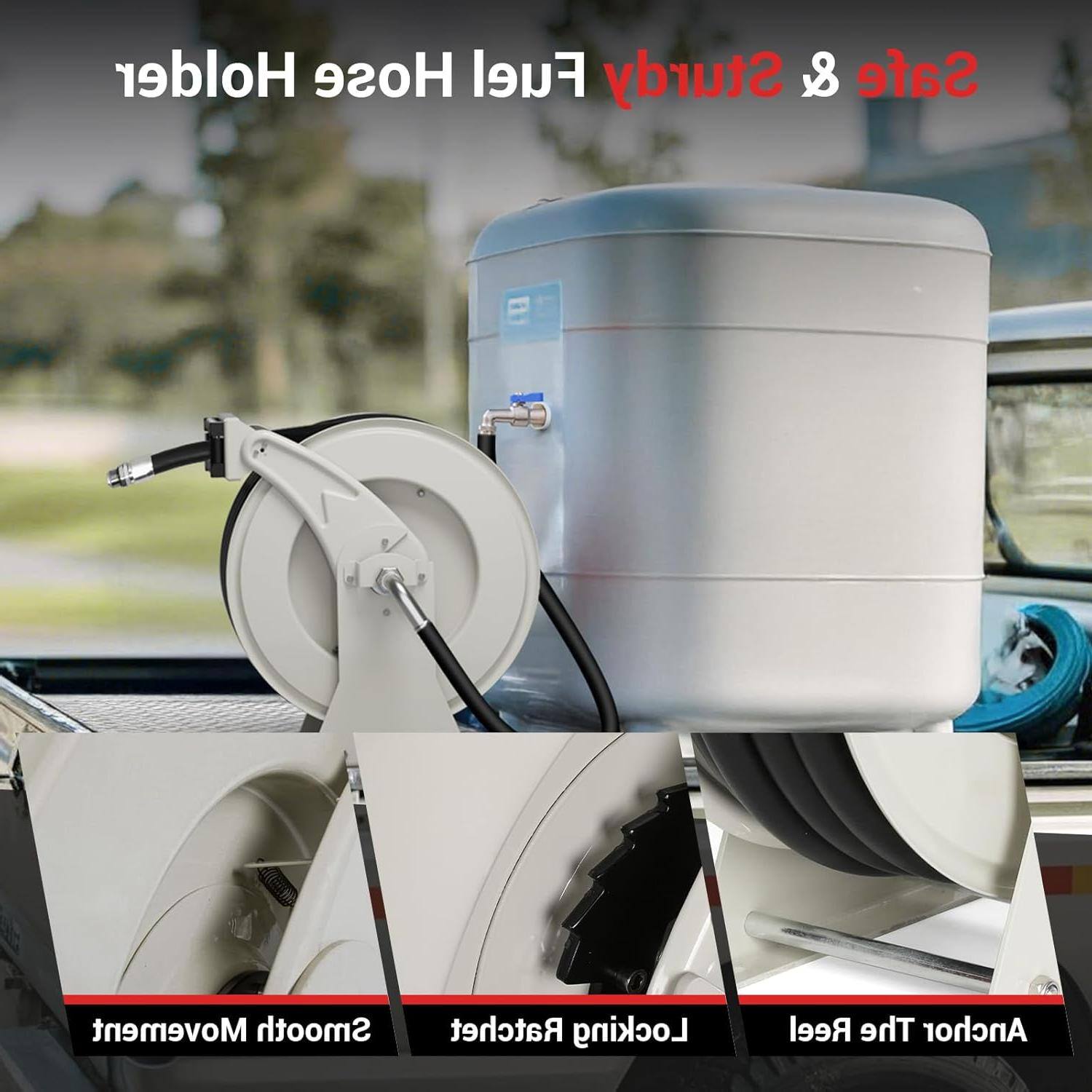 Sure, here is the corrected and grouped text:

**Top Section:**
- Fuel Holder Hose
- Sturdy & Safe

**Middle Section:**
- Smooth Movement
- Locking Ratchet

**Bottom Section:**
- Anchor Thread
- Locking Ratchet
- Smooth Movement