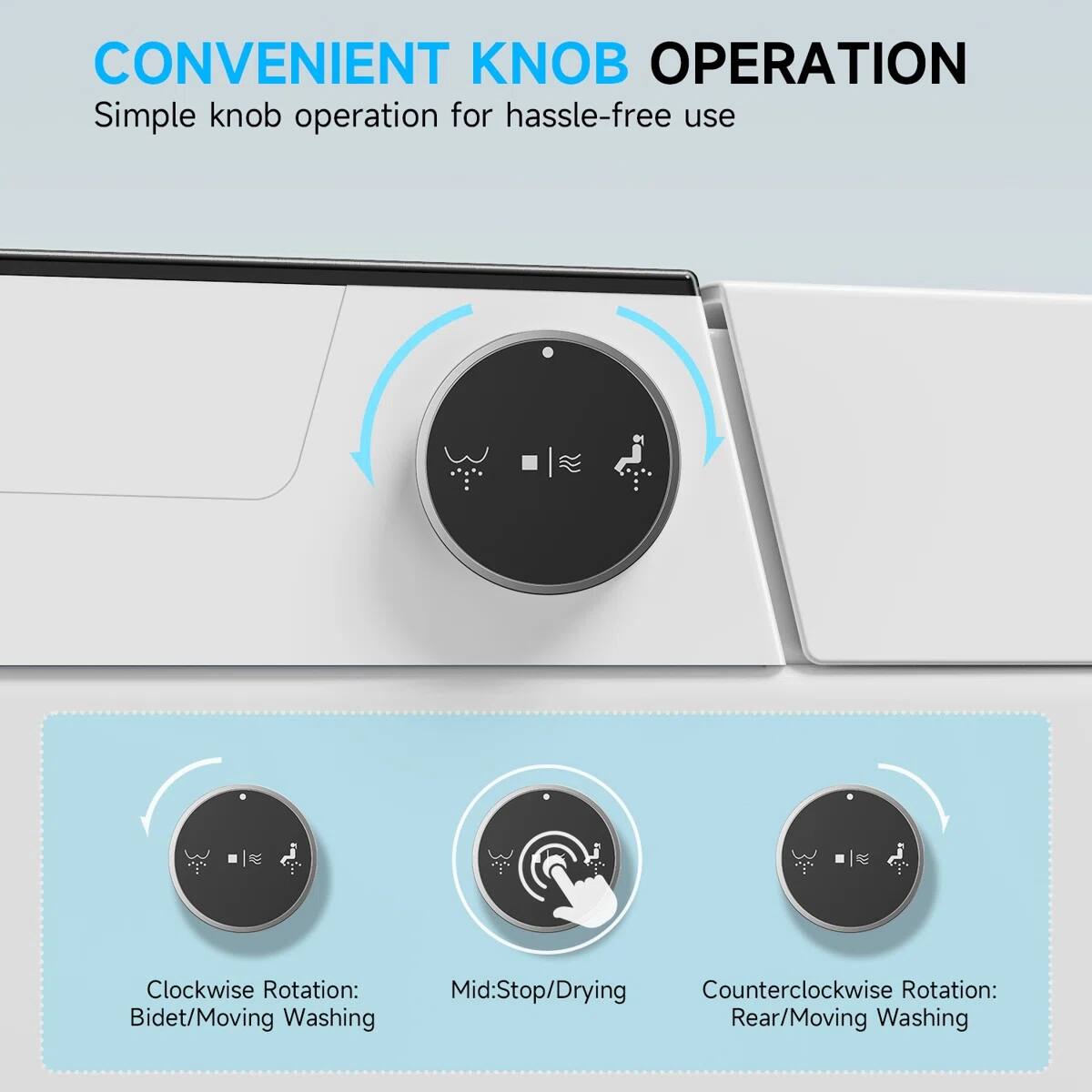 CONVENIENT KNOB OPERATION  
Simple knob operation for hassle-free use  

Clockwise Rotation:  
Bidet/Moving Washing  

Mid: Stop/Drying  

Counterclockwise Rotation:  
Rear/Moving Washing