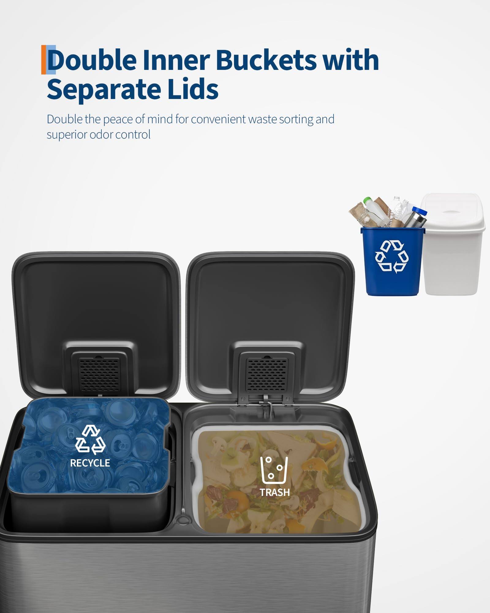 Double Inner Buckets with Separate Lids

Double the peace of mind for convenient waste sorting and superior odor control

RECYCLE

TRASH