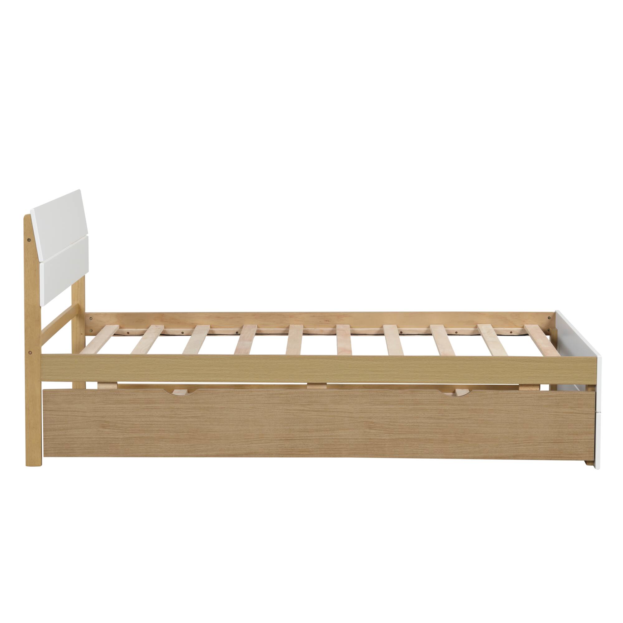 Alt View 6. GOODSILO - Contemporary Twin Bed Frame with Trundle Featuring High Gloss Headboard and Footboard - White+Light Oak.