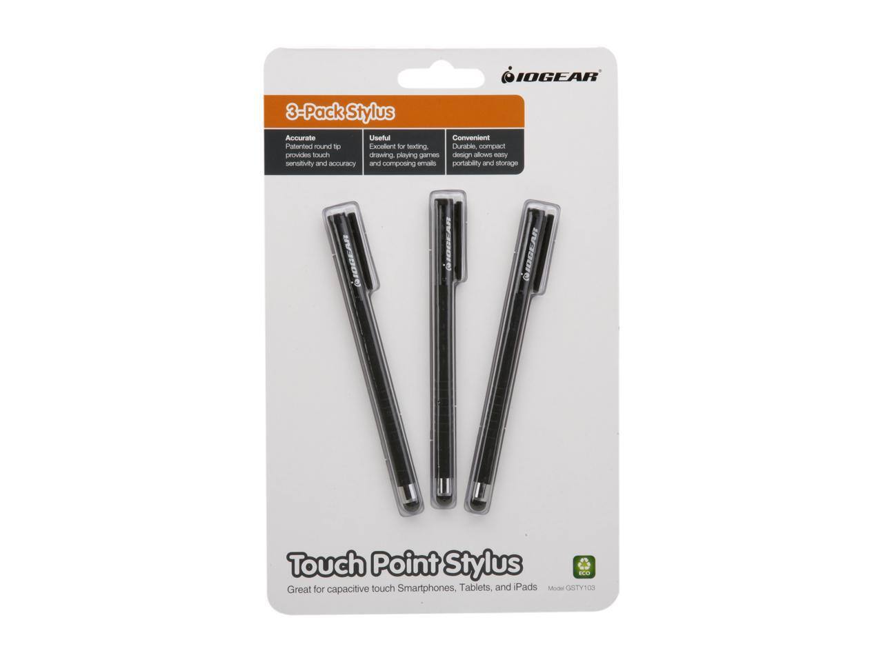 IOGEAR 3-Pack Stylus Accurate Useful Convenient Patented round tip Excellent for texting. Durable compact provides touch drawing playing games design allows easy sensitivity and accuracy and composing emails portability and storage IOGEAR Touch Point Stylus Great for capacitive touch Smartphones, Tablets, and iPads Model GSTY100