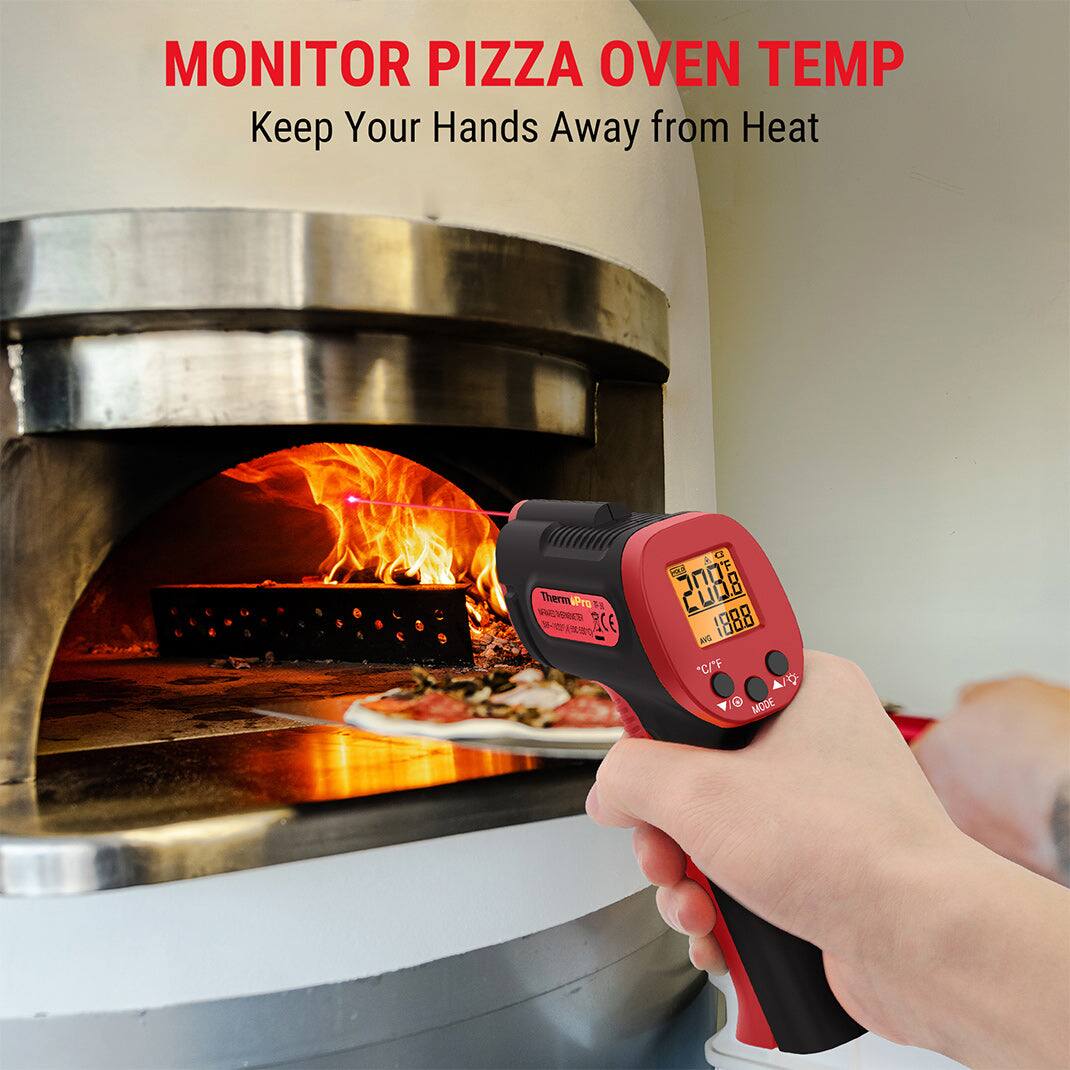 MONITOR PIZZA OVEN TEMP  
Keep Your Hands Away from Heat  

ThermPro F VIE 10  
RCE DA A a2 - 0N0T CUB8 1888 avo "CC" F  
MODE