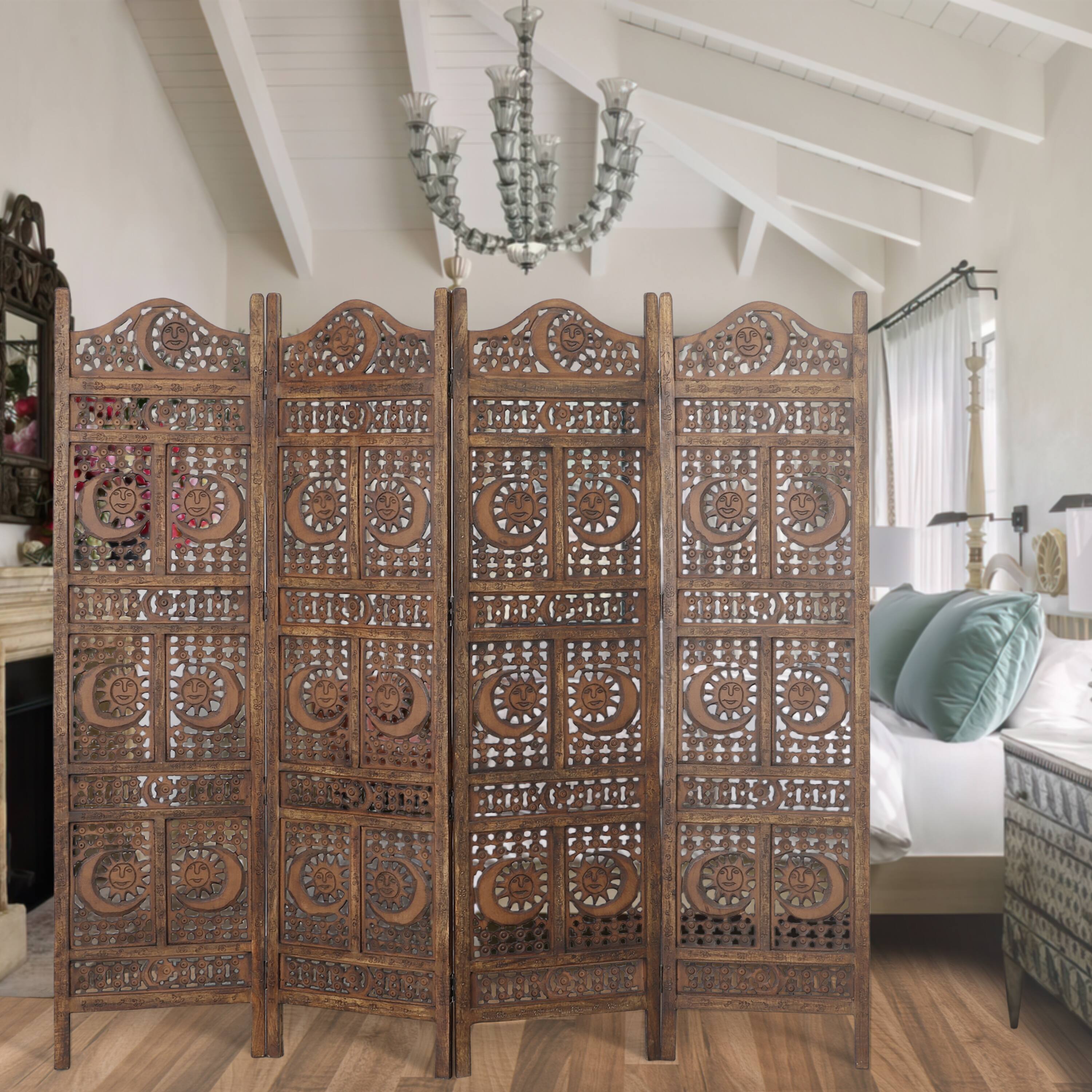 Alt View 6. Manhattan Lane - 71 Inch 4 Panel Mango Wood Room Divider, Hand Carved, Sun & Moon Design - Brown.