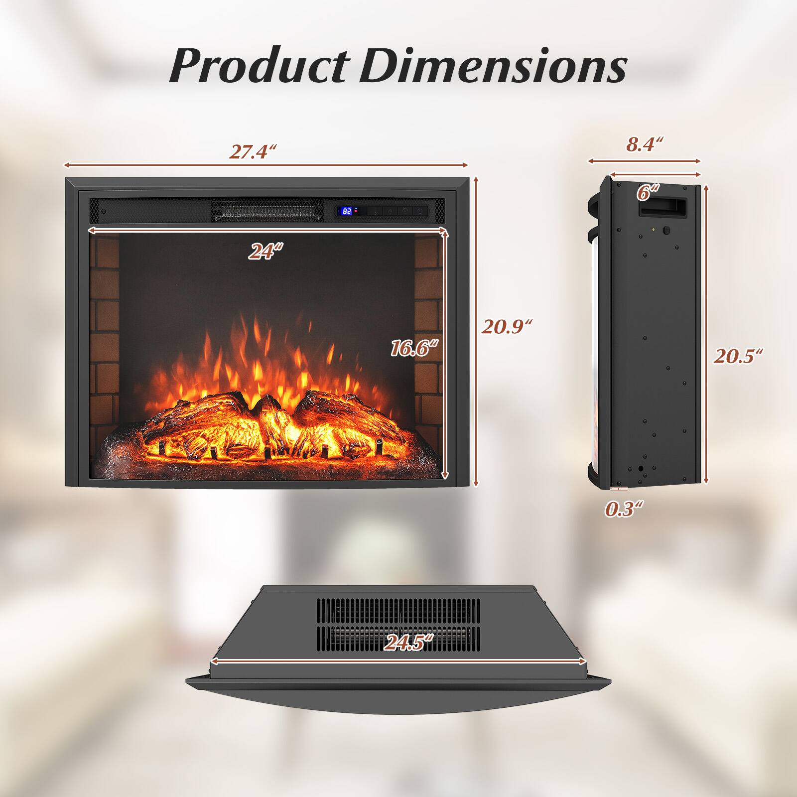 Product Dimensions

- Width: 27.4"
- Height: 24"
- Depth: 20.9"
- Side: 8.4"
- Back: 20.5"
- Thickness: 0.3"
- Base: 24.5"