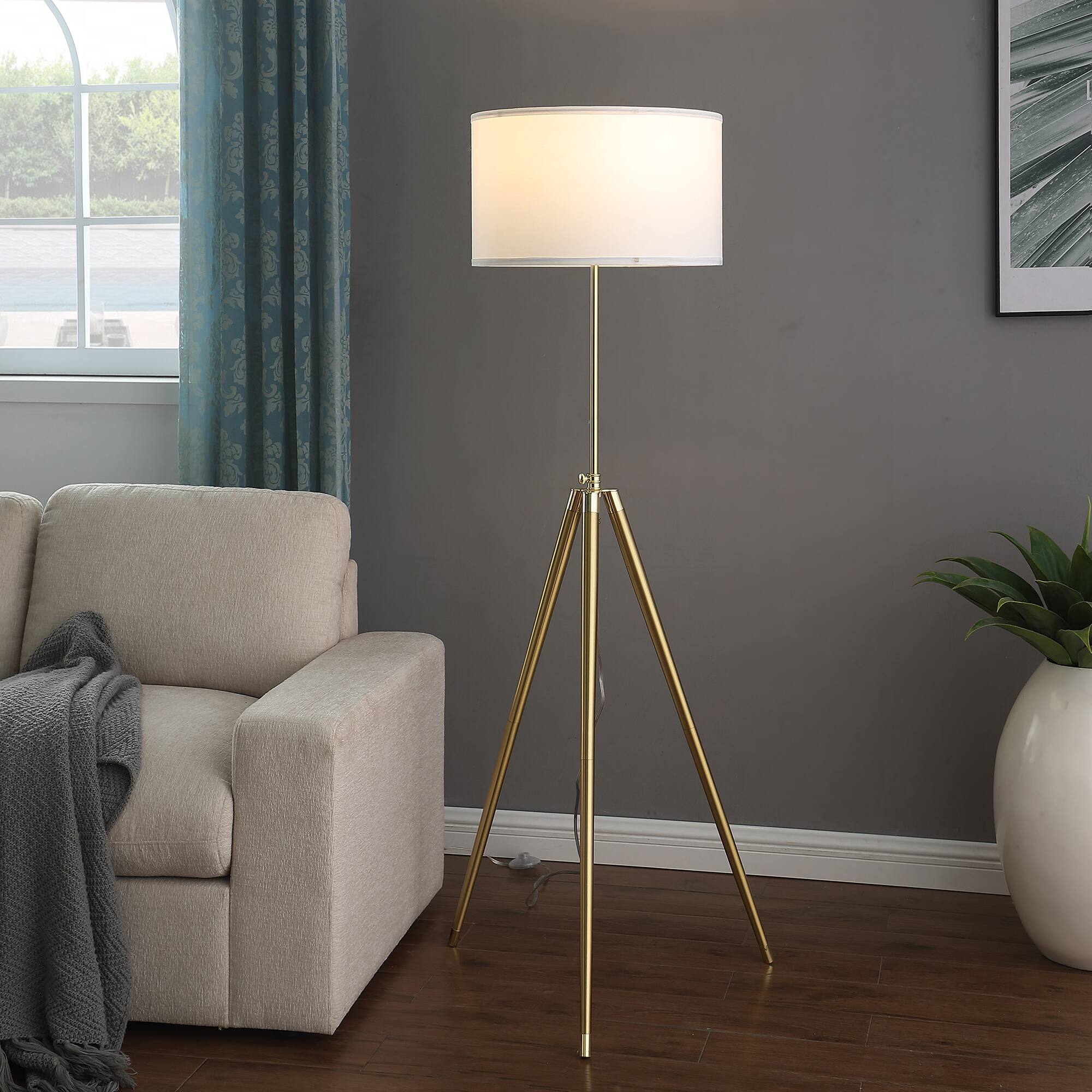 Alt View 2. APRILSOUL - 64in - 47inH Adjustable Height Brass/Shiny Gold Modern Tripod Floor Lamp for Living Room Standing Lamp for Bedroom - Gold+White.