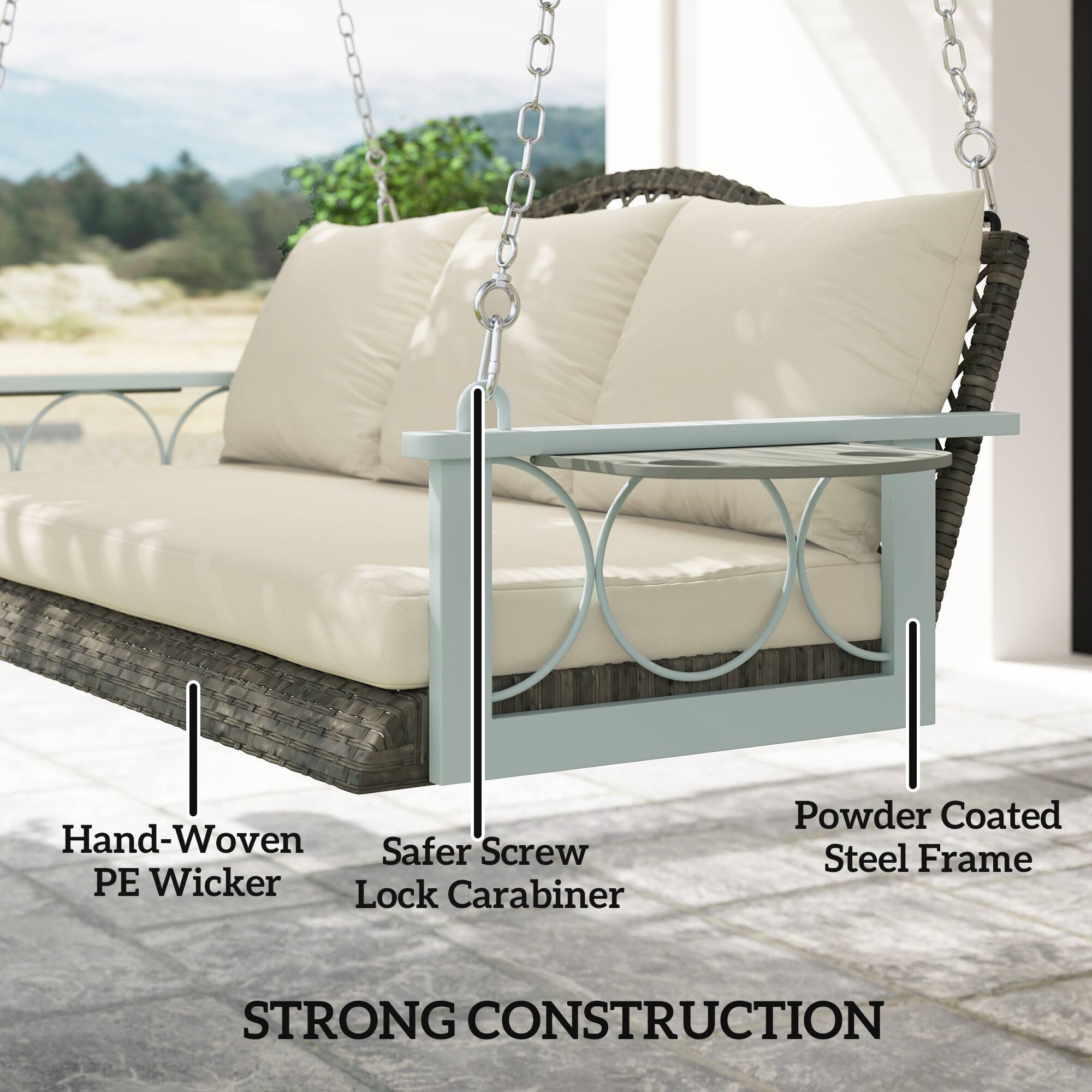 - Hand-Woven PE Wicker
- Safer Screw Lock Carabiner
- Powder Coated Steel Frame
- STRONG CONSTRUCTION