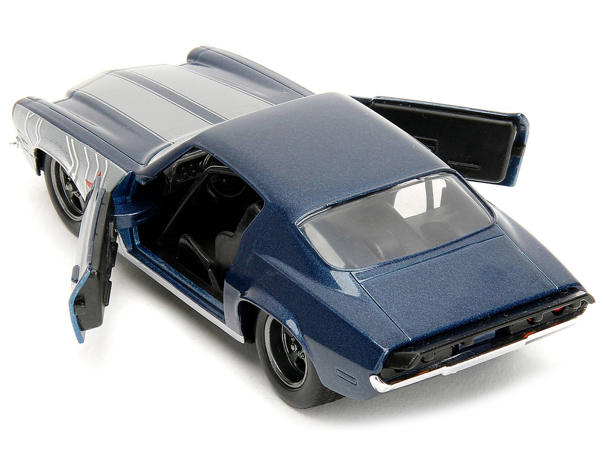 Back. Jada - 1973 Chevrolet Camaro 1/32 Diecast Dark Blue Metallic Gray Stripes with Winter Soldier Figure "Marvel Avengers" Series - Dark Blue Metallic With Gray.
