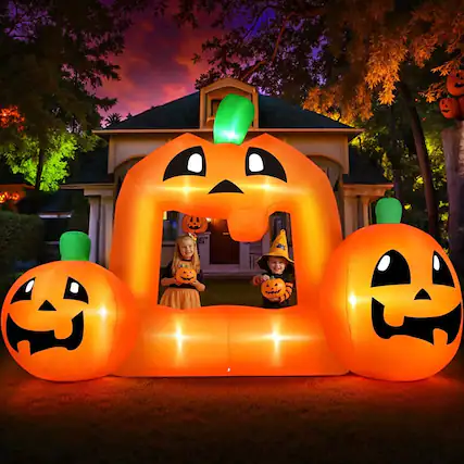 Front. Wisairt - 8.5ft Inflatable Pumpkin Photo with LED Lights - Outdoor Halloween Decor - Green|White|Red.