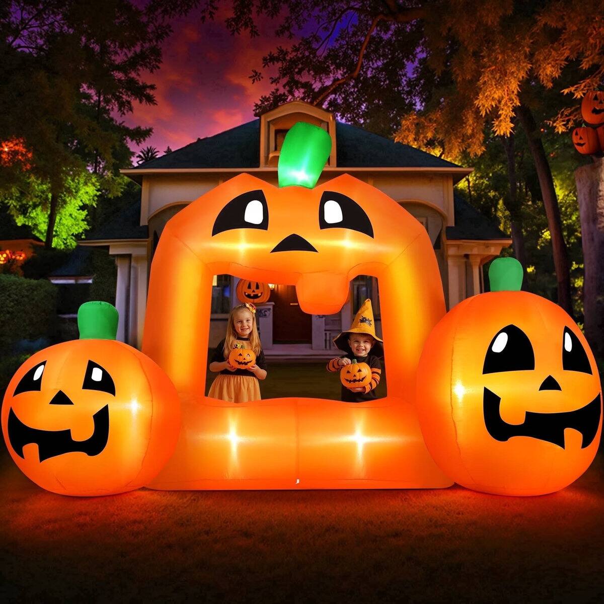 Front. Wisairt - 8.5ft Inflatable Pumpkin Photo with LED Lights - Outdoor Halloween Decor - Green|White|Red.