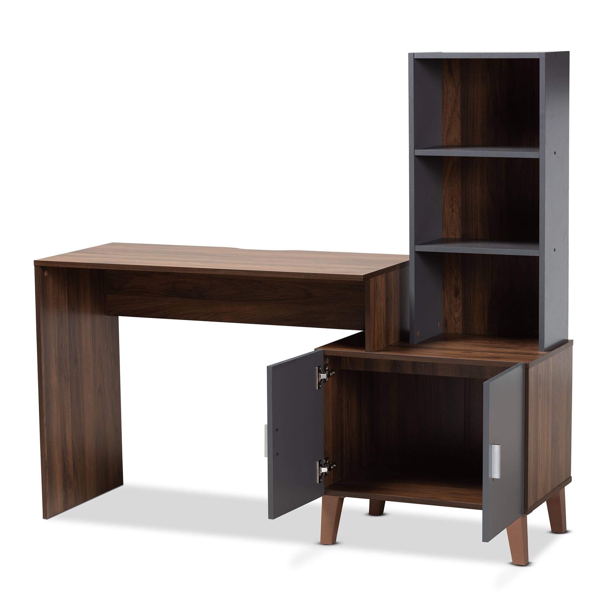 Angle. Baxton Studio - Jaeger Modern and Contemporary Finished Wood Storage Desk with Shelves - Grey/Walnut Brown.