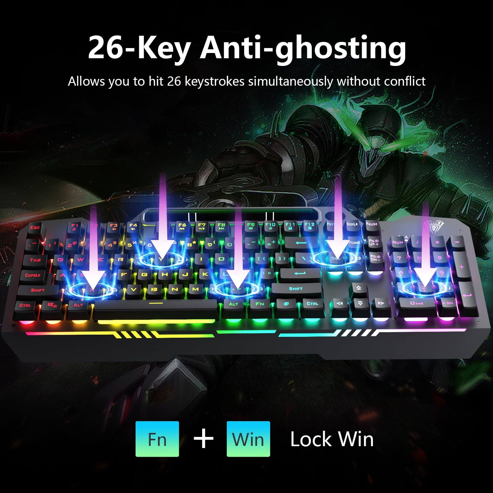 26-Key Anti-ghosting  
Allows you to hit 26 keystrokes simultaneously without conflict  

Fn + Win  
Lock Win