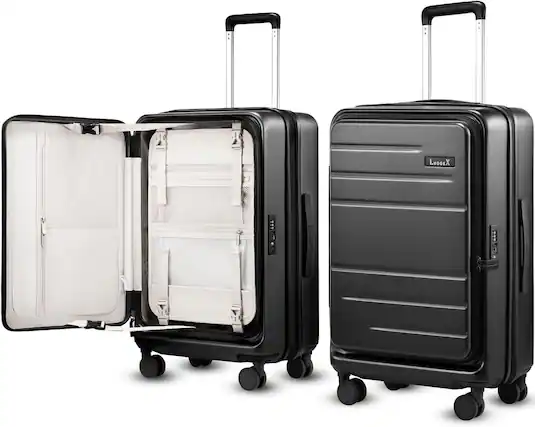 Front. LUGGEX - LUGGEX 24 Inch Checked Luggage, Opening Expandable Polycarbonate Hard Shell Suitcase with TSA Approved Lock - FLO5 - Black.
