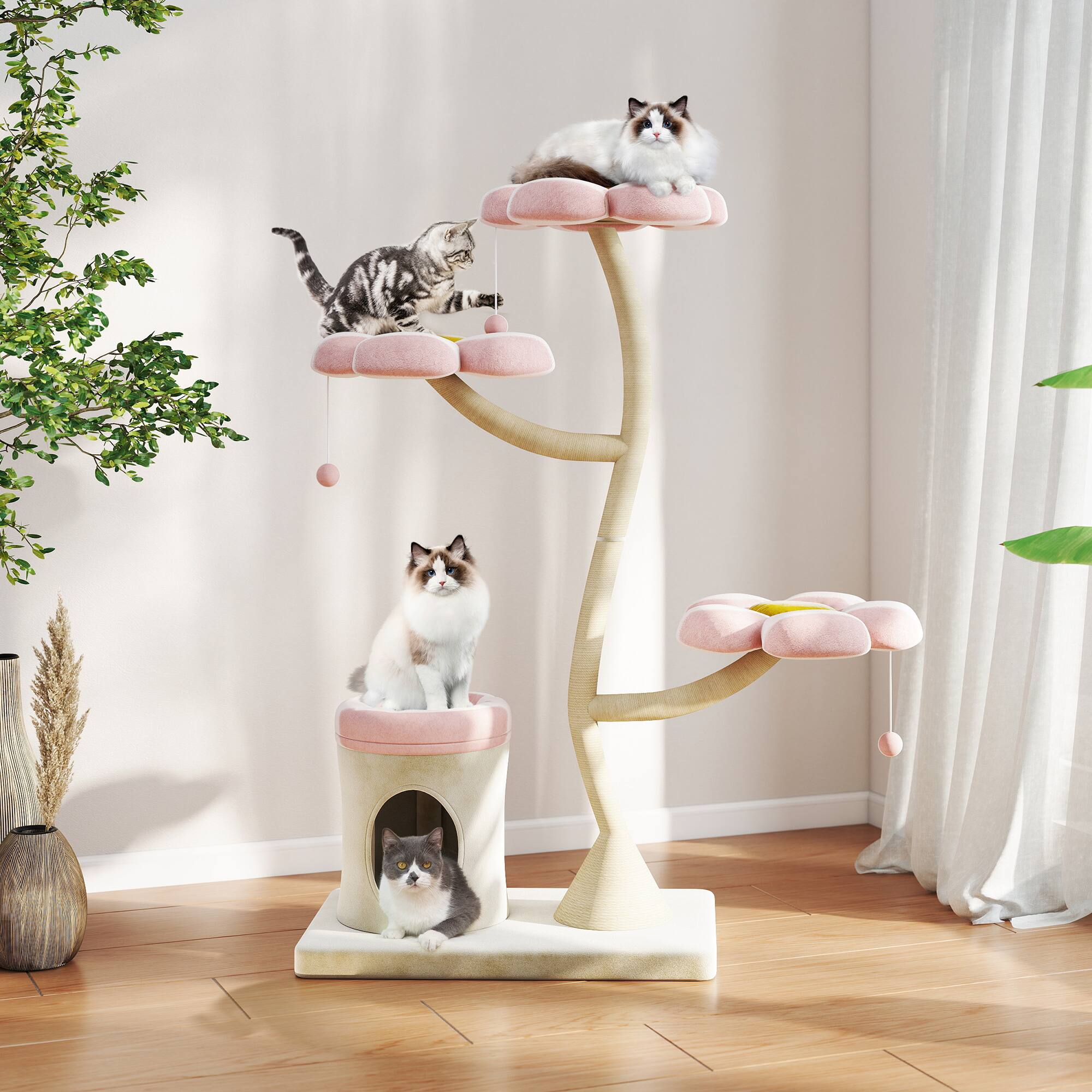 Left. Boyel Living - Pink and Beige FlowerShaped Cat Tree with Blooming Platforms Bed Condo and Dangling Toys MultiLevel Cat Tower for wit - Pink.