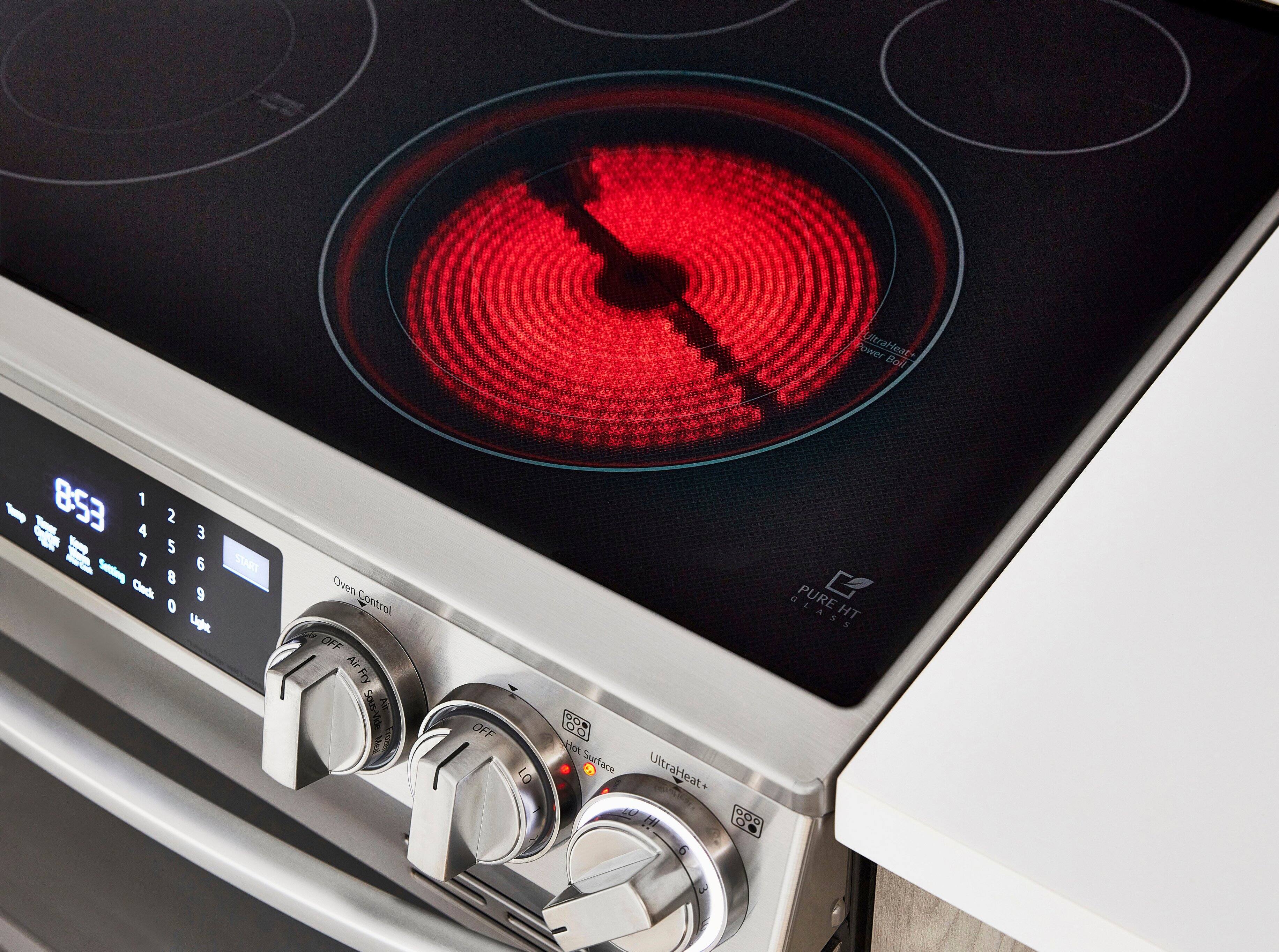 The text on the image reads: "UltraHeat Boil 853 1 2 4 3 5 6 START - 853 9 0 Lite Oven Control OFF Air Fry Saus-Vide OFF LO 00 dot Surface UltraHeat+ 000 1 a PURE HT HT."