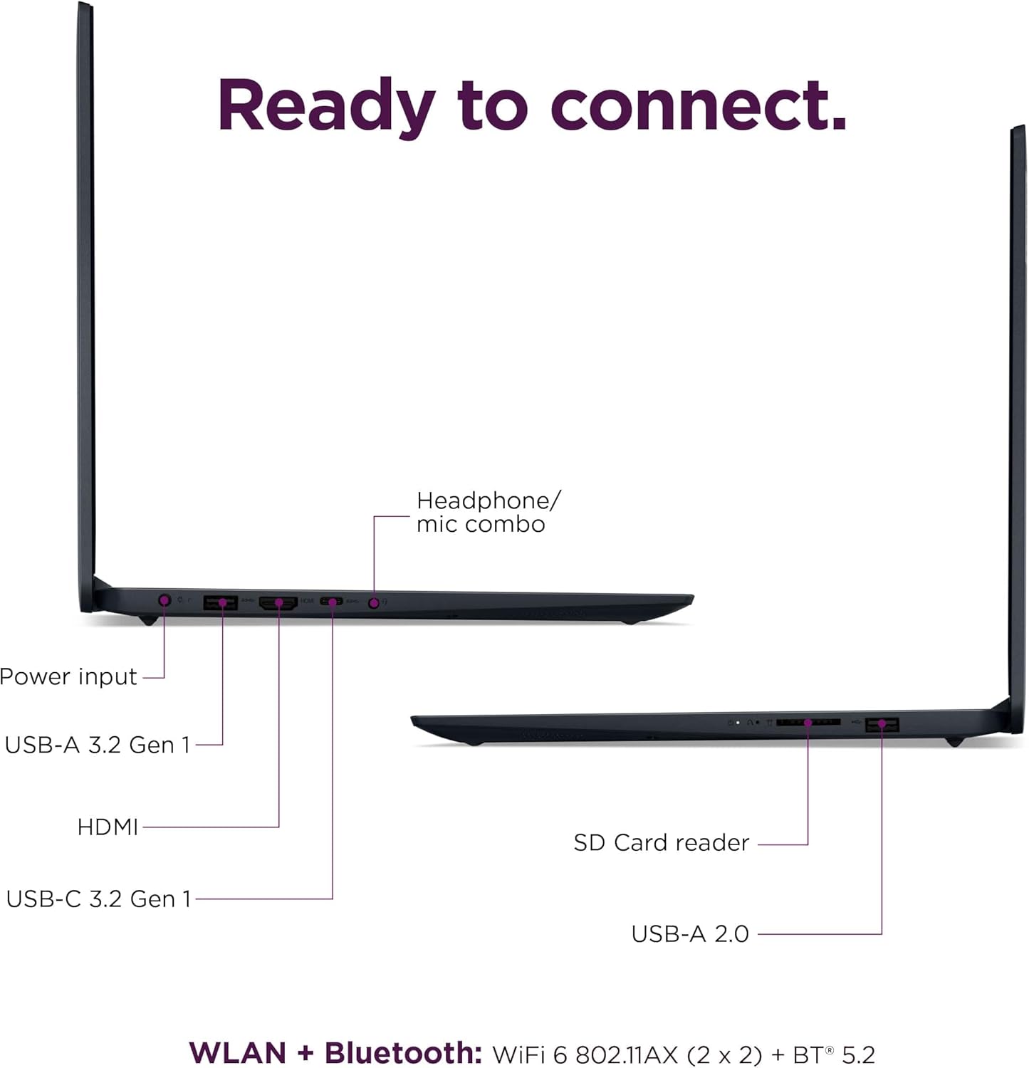 Ready to connect.

- Headphone/ mic combo
- Power input
- USB-A 3.2 Gen 1
- HDMI
- USB-C 3.2 Gen 1
- SD Card reader
- USB-A 2.0

WLAN + Bluetooth: WiFi 6 802.11AX (2 x 2) + BT 5.2