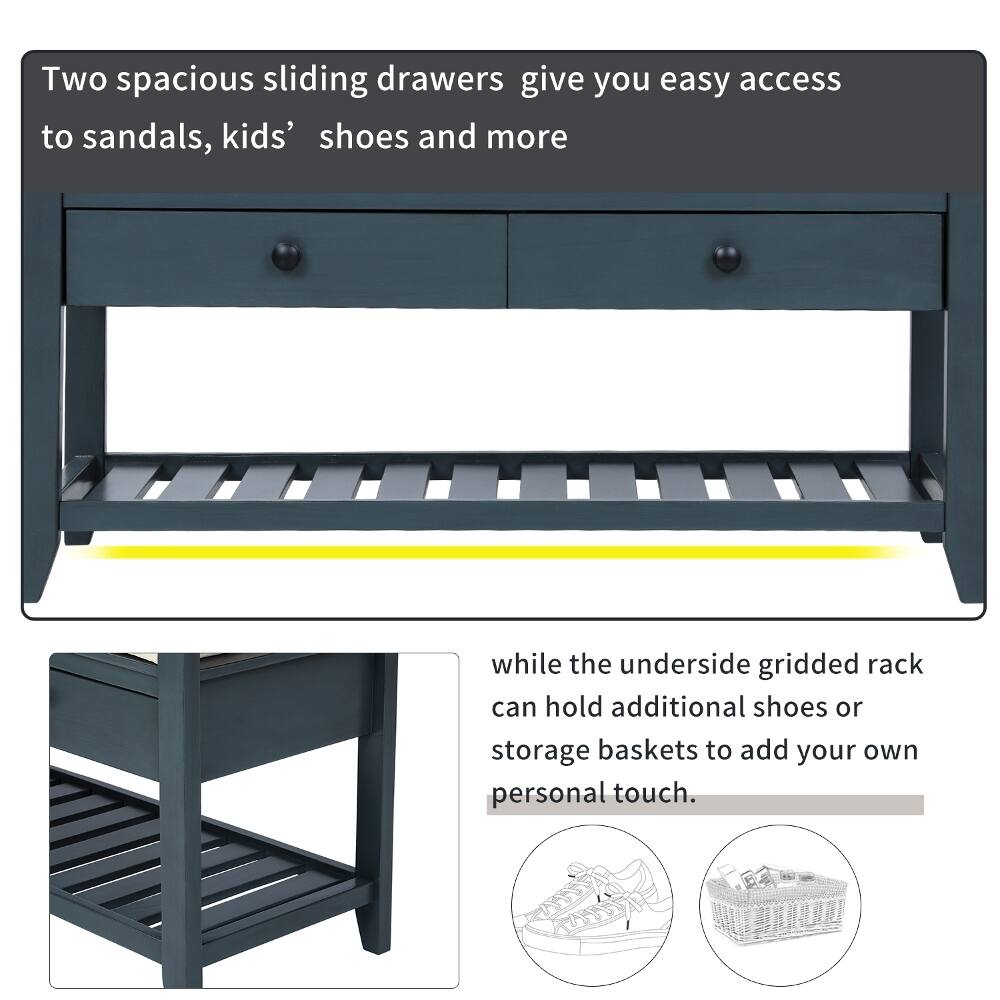 Two spacious sliding drawers give you easy access to sandals, kids' shoes and more while the underside gridded rack can hold additional shoes or storage baskets to add your own personal touch.