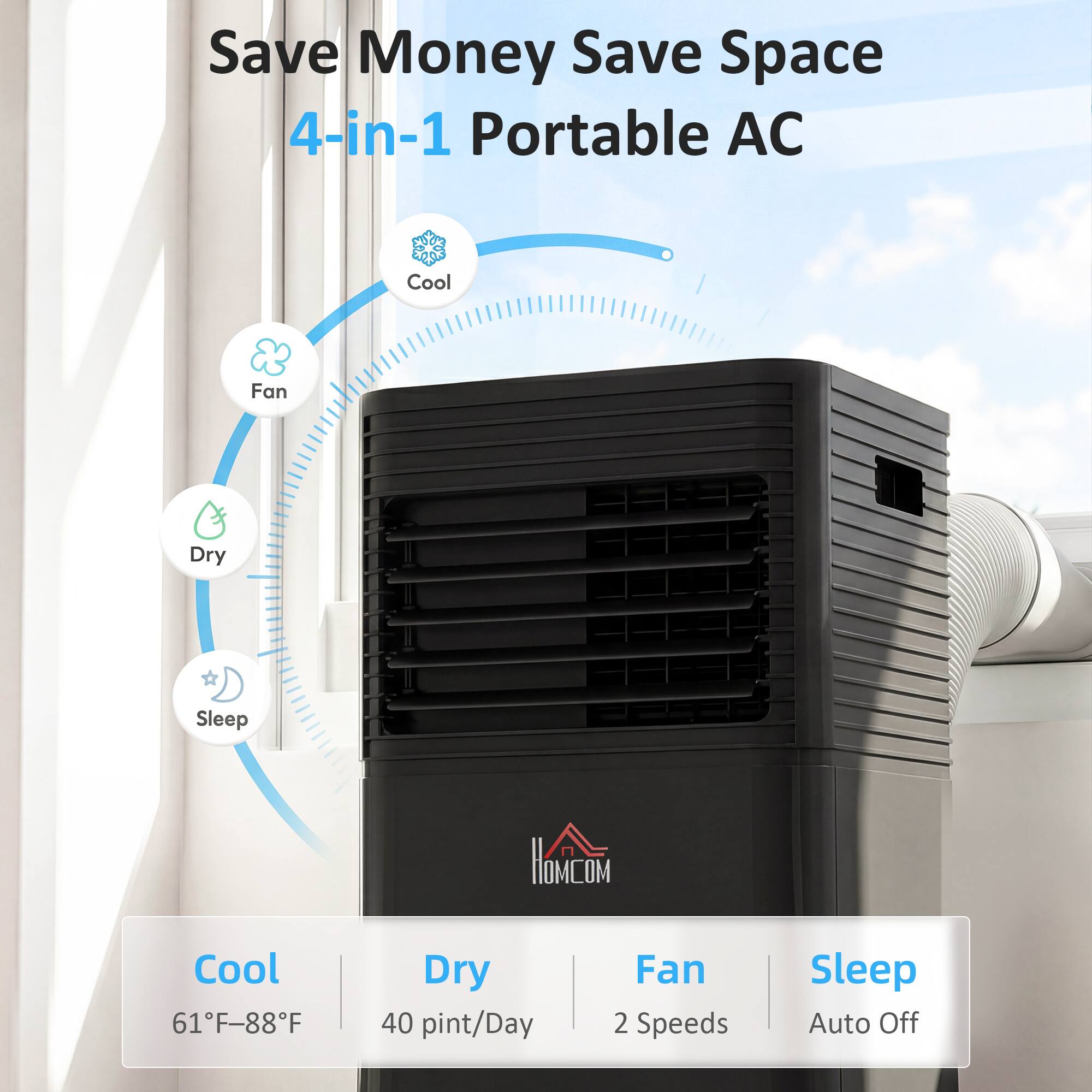 Save Money Save Space  
4-in-1 Portable AC  
Cool x Fan Dry Sleep  
HOMCOM  
Cool 61°F-88°F  
Dry 40 pint/Day  
Fan 2 Speeds  
Sleep Auto Off
