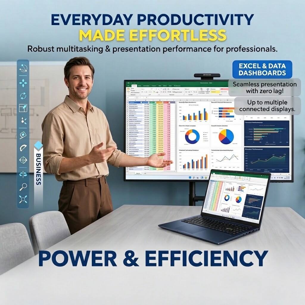 EVERYDAY PRODUCTIVITY MADE EFFORTLESS  
Robust multitasking & presentation performance for professionals.  

EXCEL & DATA DASHBOARDS  
Seamless presentation with zero lag!  
Up to multiple connected displays.  

BUSINESS  

POWER & EFFICIENCY