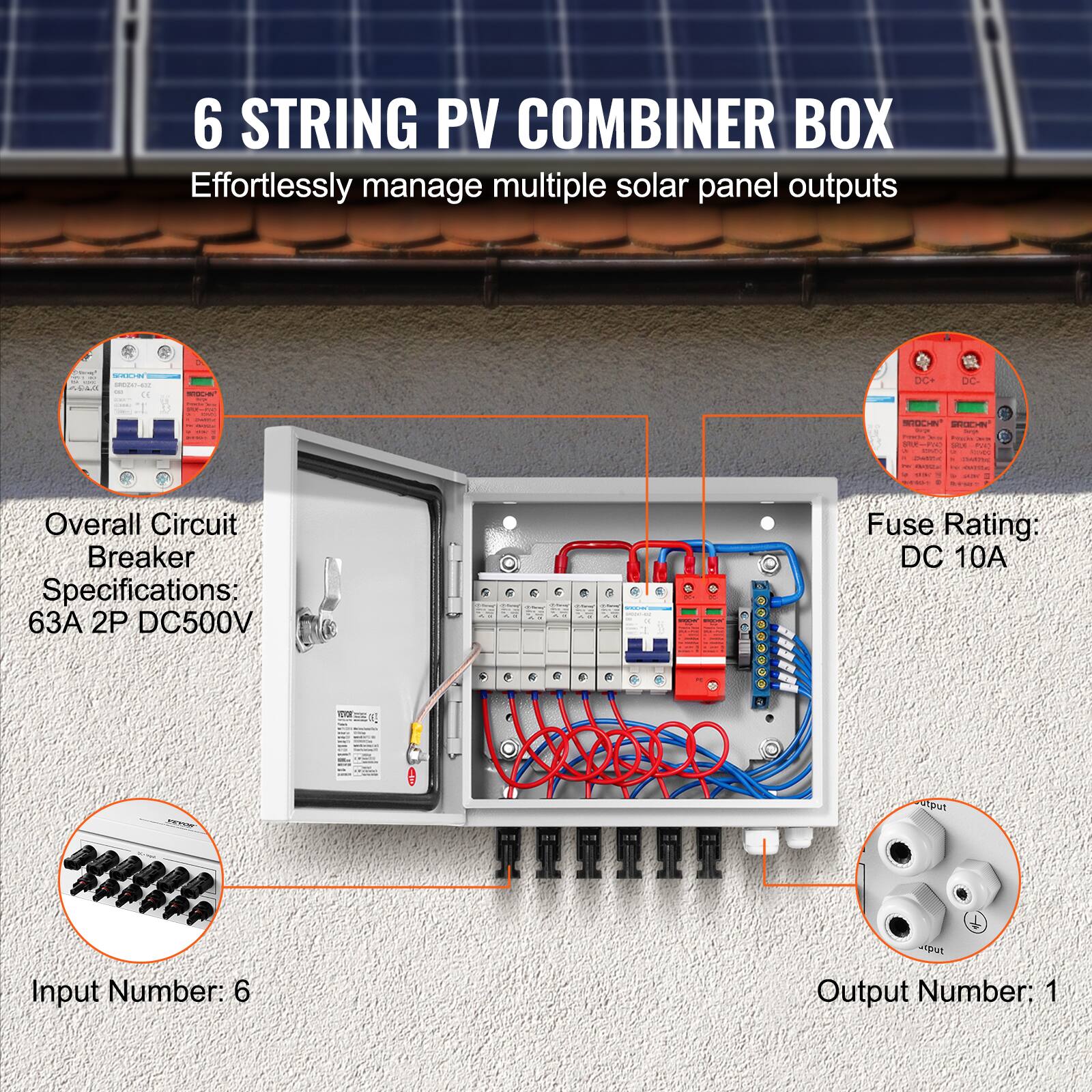 6 STRING PV COMBINER BOX  
Effortlessly manage multiple solar panel outputs

- Overall Circuit Breaker Specifications: 63A 2P DC500V
- Fuse Rating: DC 10A
- Input Number: 6
- Output Number: 1