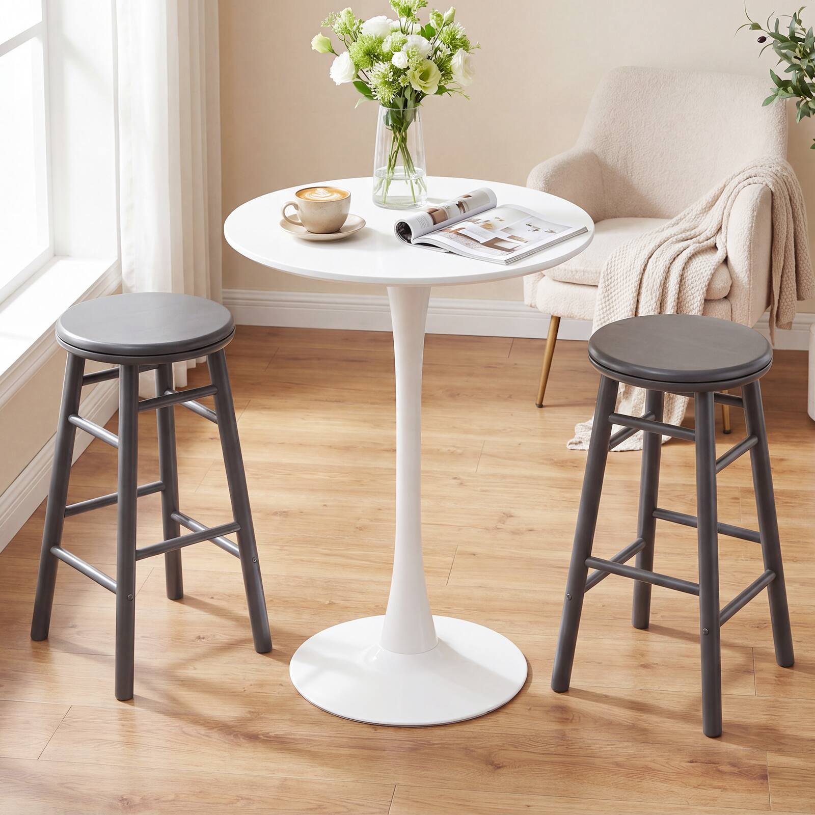 Alt View 4. Costway - Costway 24" Swivel Bar Stools Set of 4 with Backless Design, Footrests & Strong Crossbars - Gray.
