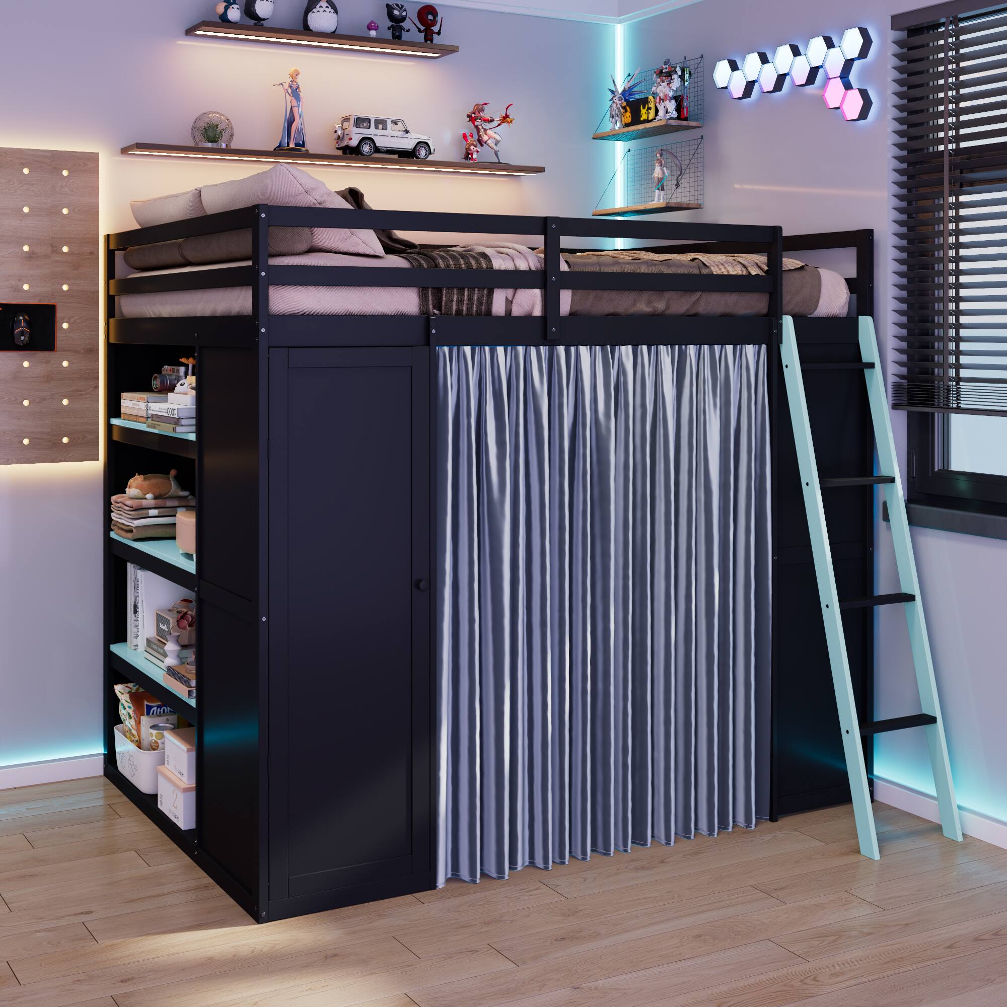 Angle. Anysun - Full Size Wood Loft Bed with,Wardrobe,Shelves,Blackout Curtains,and RGB Lights - Blue.