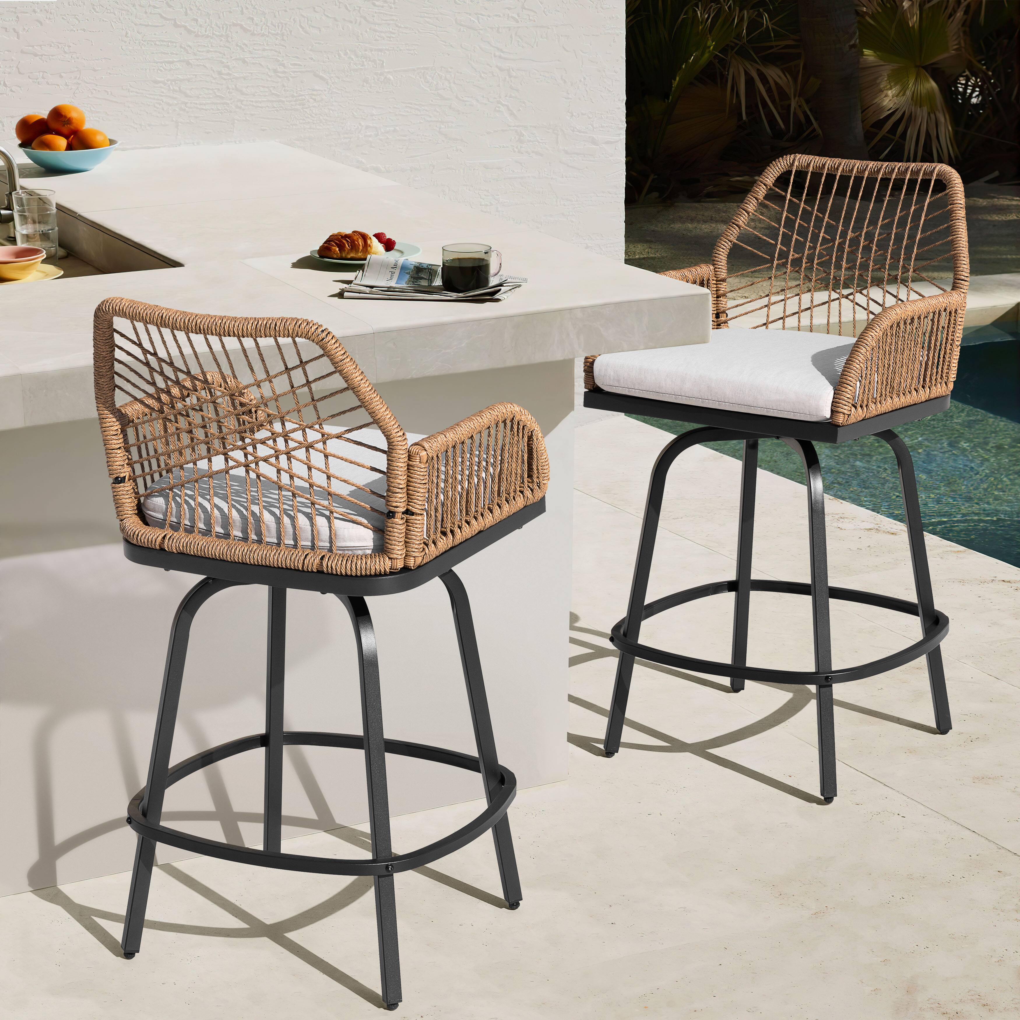 Back. Nuu Garden - 2-Piece Twisted Rattan Patio Bar Stools Set with Cushions, Swivel Design - Beige.