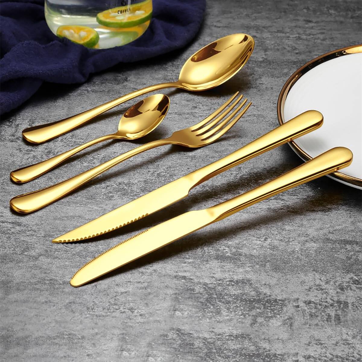 Left. Dazzed Corner - 60-Piece Gold Silverware Set, Stainless Steel Flatware Cutlery Set Service for 12 - NYTPXVQ.