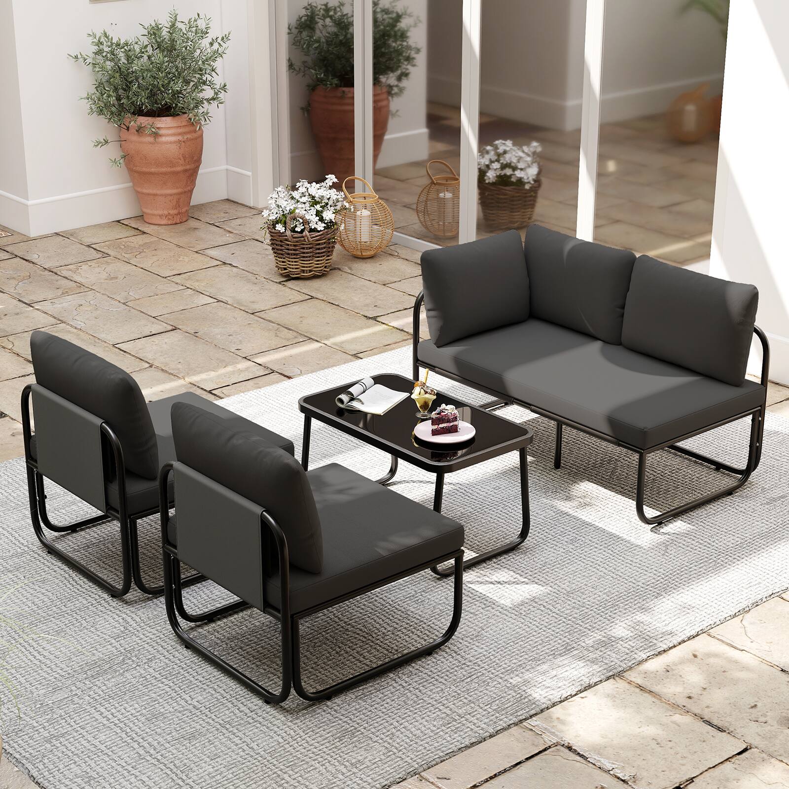 Alt View 1. Costway - Costway 4 PCS Patio Furniture Set with Cushions & Tempered Glass Coffee Table for Garden - Black,Gray.