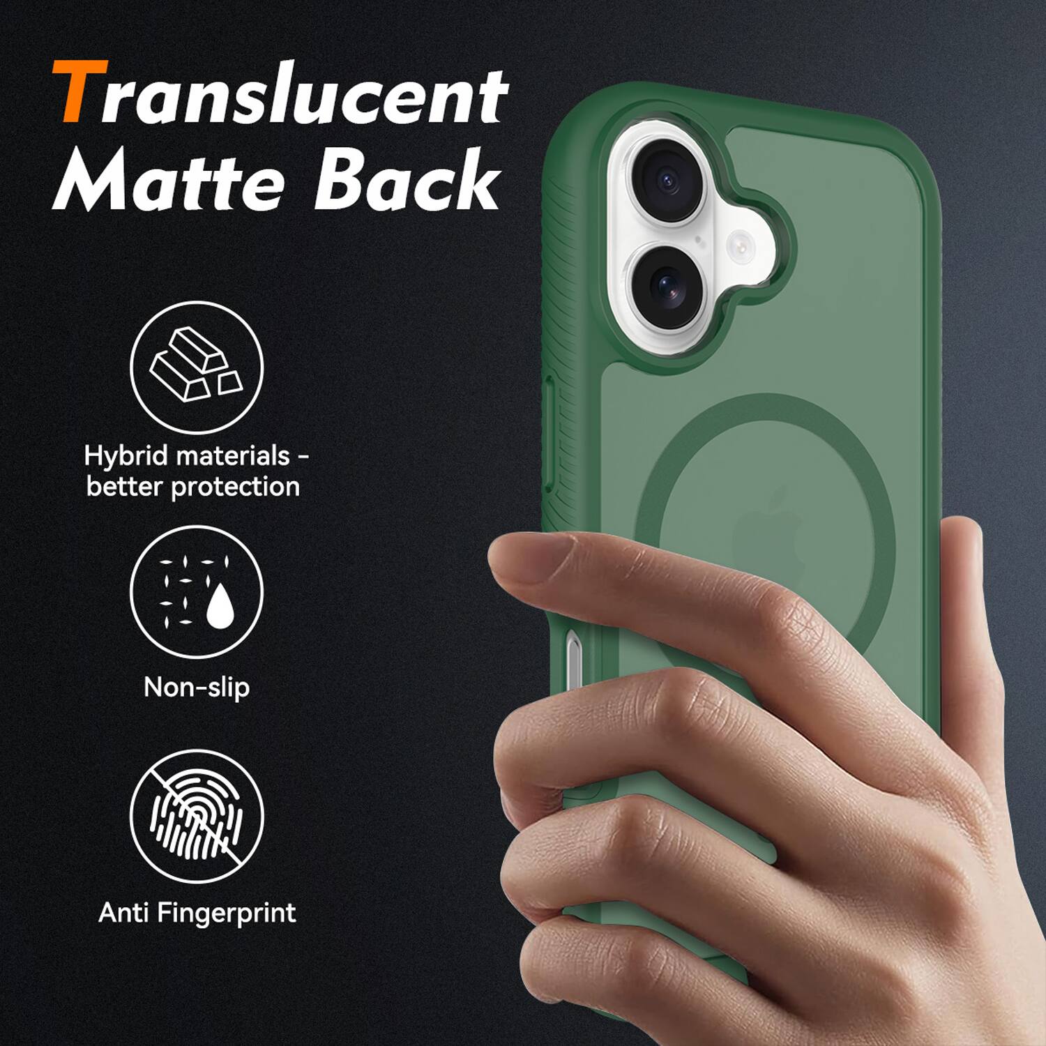 Translucent Matte Back  
Hybrid materials - better protection  
Non-slip  
Anti Fingerprint