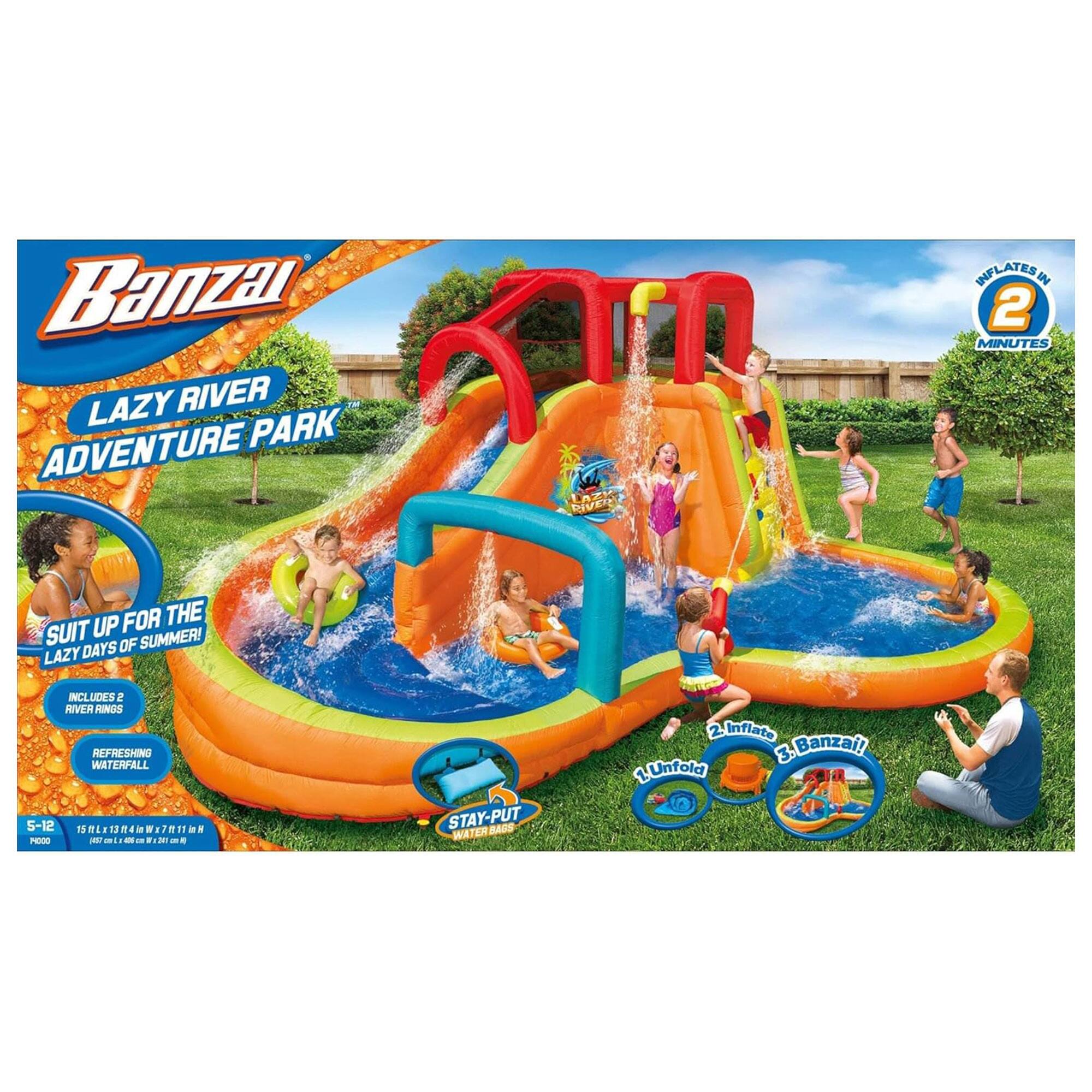 Banzai LAZY RIVER ADVENTURE PARK  
INFLATES IN 2 MINUTES UP FOR THE SUIT OF SUMMER!  
LAZY DAYS INCLUDES 2 RIVER RINGS REFRESHING WATERFALL  
5-12 2 1 11WMM 1m . 13 M4 . in . 11 11 i PODO  
aldatMm - I a d - . STAY-PUT BADS WA TEN 2. 2Inflato 3. Banzai! LUnfola