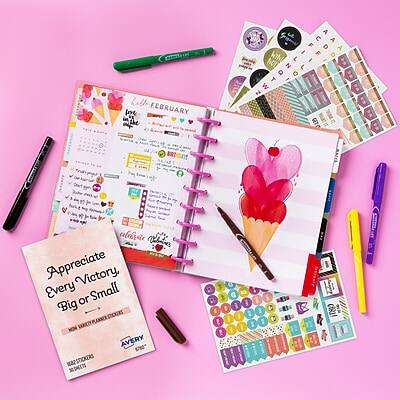 Sure, here is the corrected and grouped text from the image:

**February Planner Page:**
- "Lill FEBRUARY"
- "Love in the A A F D A - F A C F I L N O T W S L I Z L a o T W GETe"
- "Appreciate Victory, Every or Small Big TNOERS WOW AVERY 6N" MB2STCKERS JSr g ! 3 2"

**Sticker Sheet:**
- "Appreciate Every Victory, Big or Small"
- "AVERY"
- "AVERY"
- "AVERY"

**Other Text:**
- "Avery"
- "Avery"
- "Avery"

**Additional Notes:**
- The text appears to be a mix of handwritten and printed elements, with some parts being unclear or stylized. The main message seems to be about appreciating every victory, big or small, and the theme of love and appreciation for February.