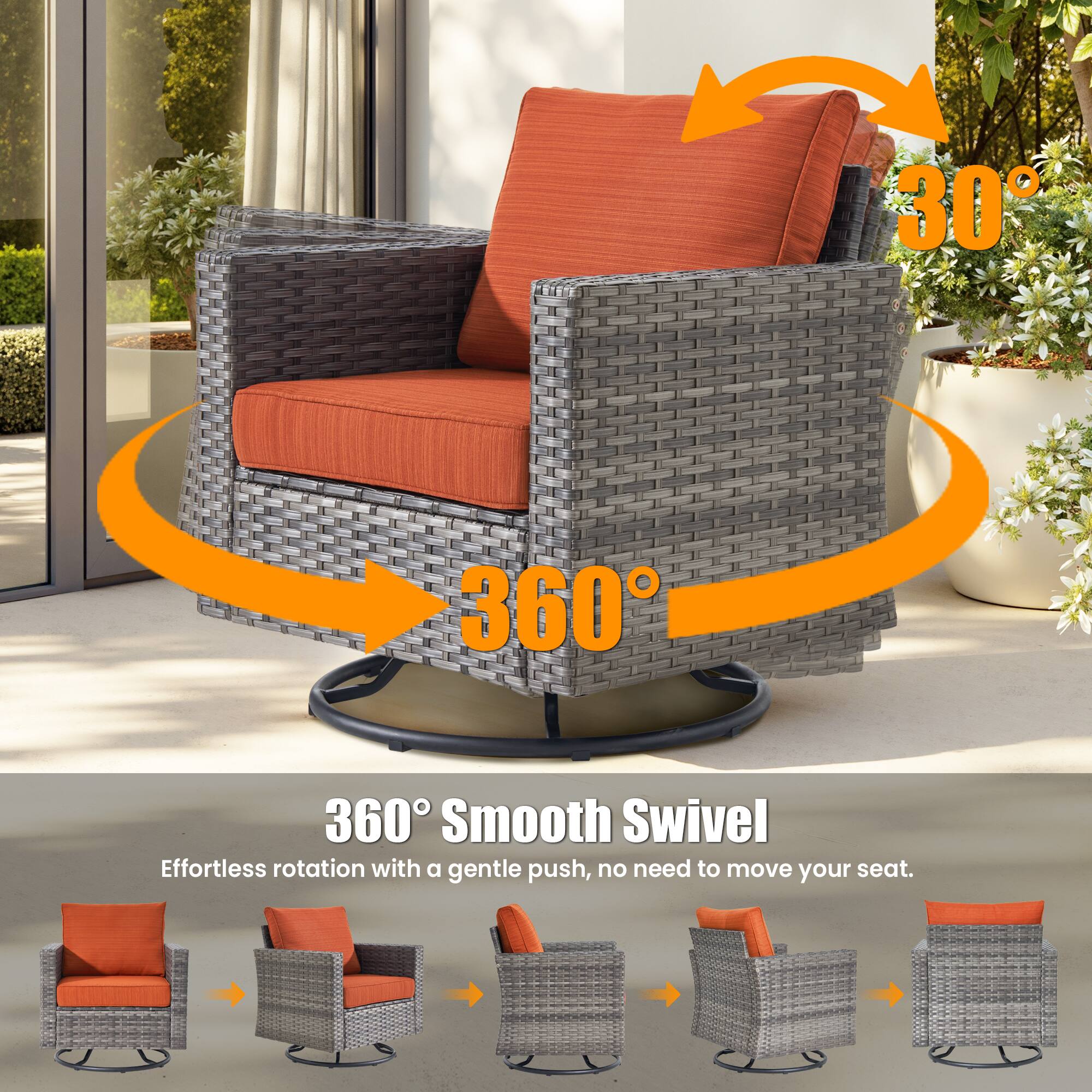 360° Smooth Swivel  
Effortless rotation with a gentle push, no need to move your seat.