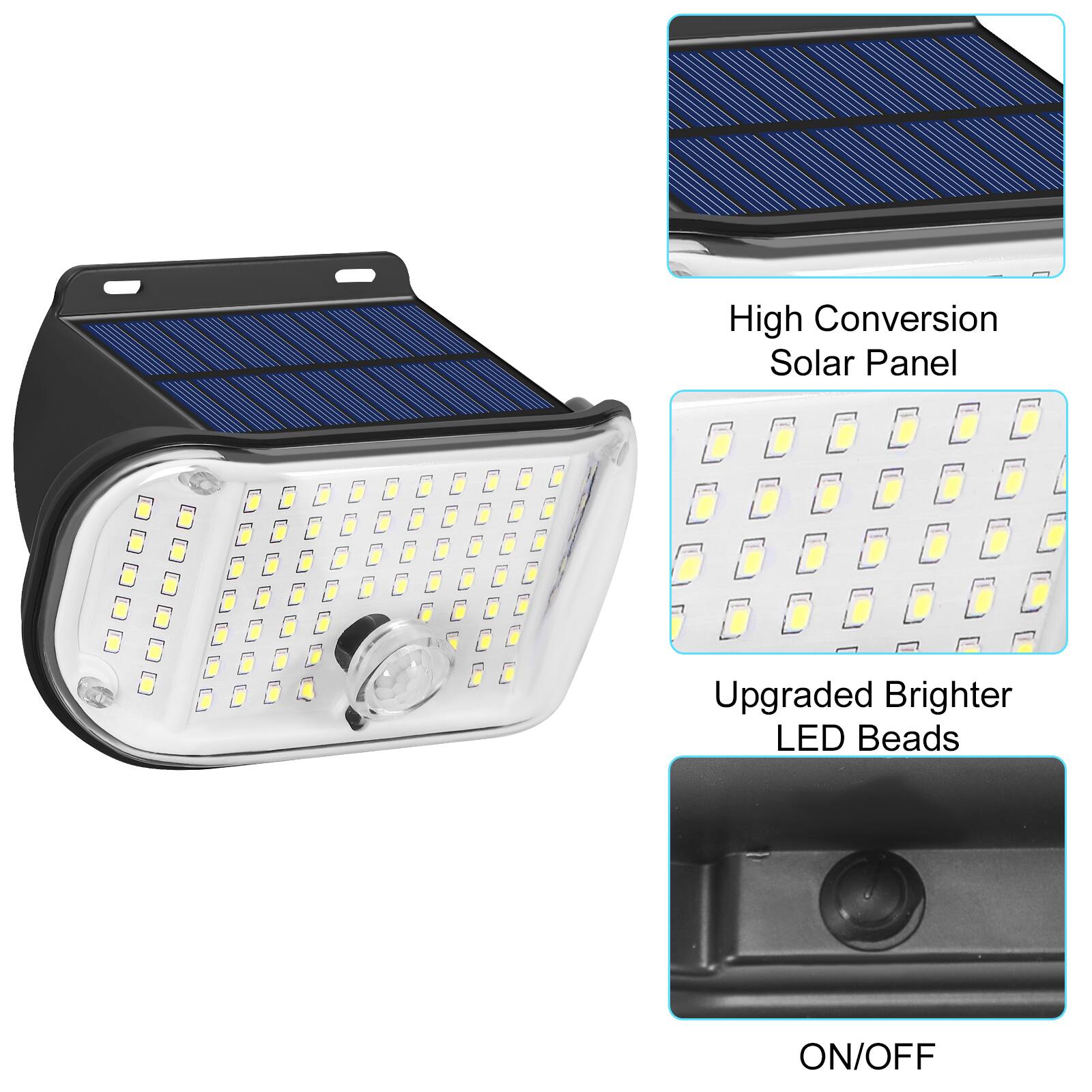 High Conversion Solar Panel  
Upgraded Brighter LED Beads  
ON/OFF