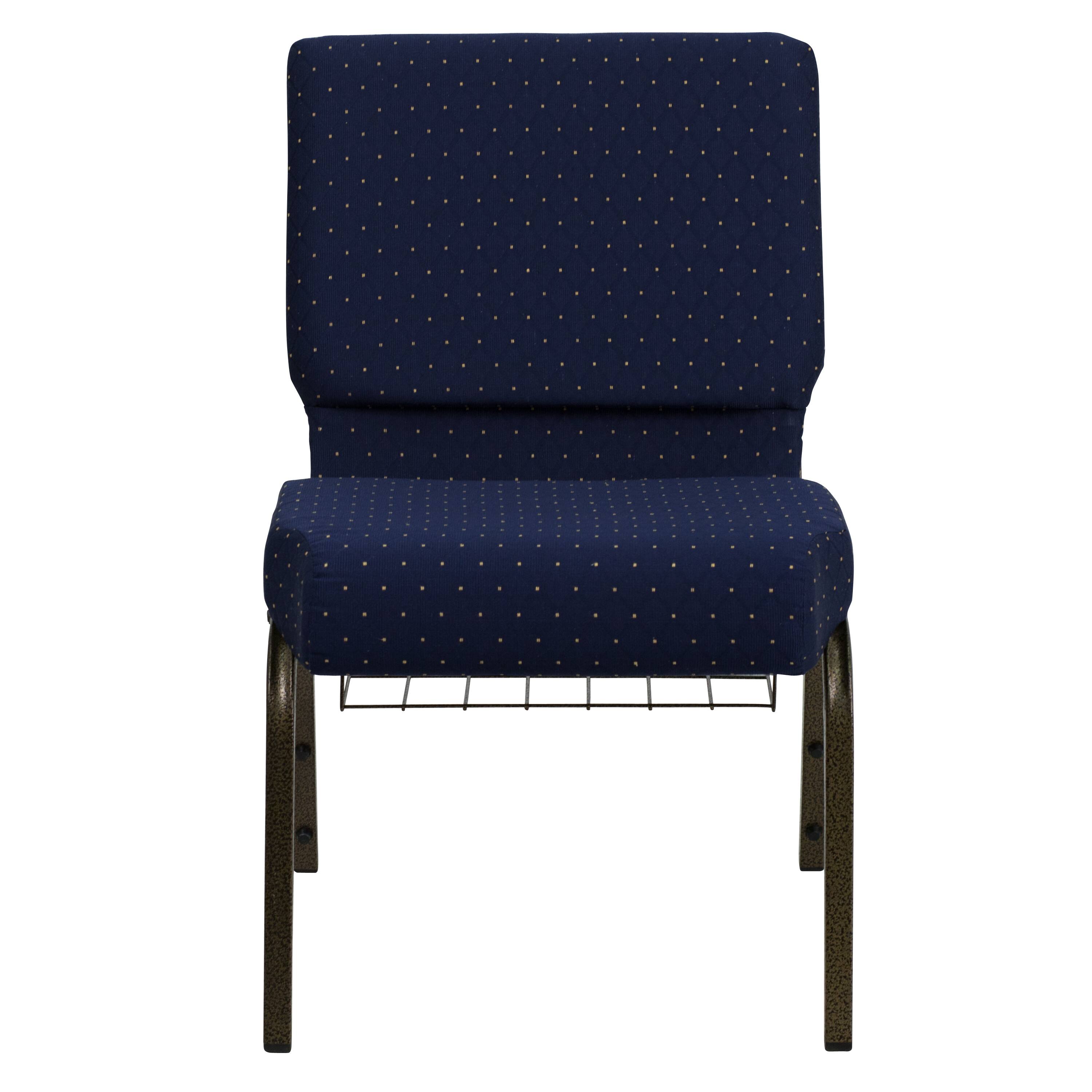 Alt View 7. Emma + Oliver - 21"W Church/Reception Guest Chair with Communion Cup Book Rack - Navy Blue Dot Patterned Fabric/Gold Vein Frame.