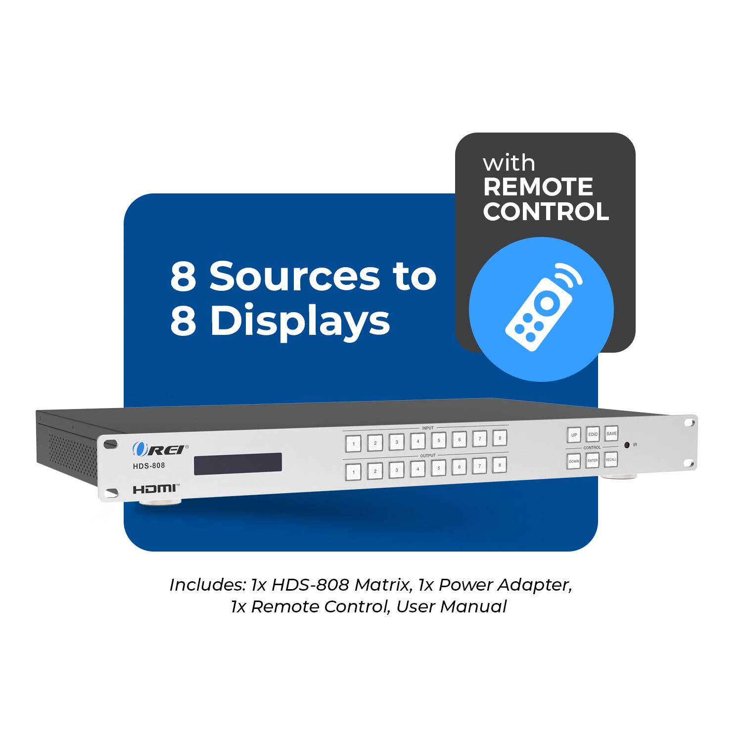 The text on the image can be grouped and corrected as follows:

**Product Description:**
- REI HD5-808 Matrix Switcher
- 8 Sources to 8 Displays
- Includes: 1x HDS-808 Matrix, 1x Power Adapter, 1x Remote Control, User Manual

**Features:**
- With Remote Control

This product allows you to switch between 8 sources to 8 displays, and it comes with a remote control for easy operation.