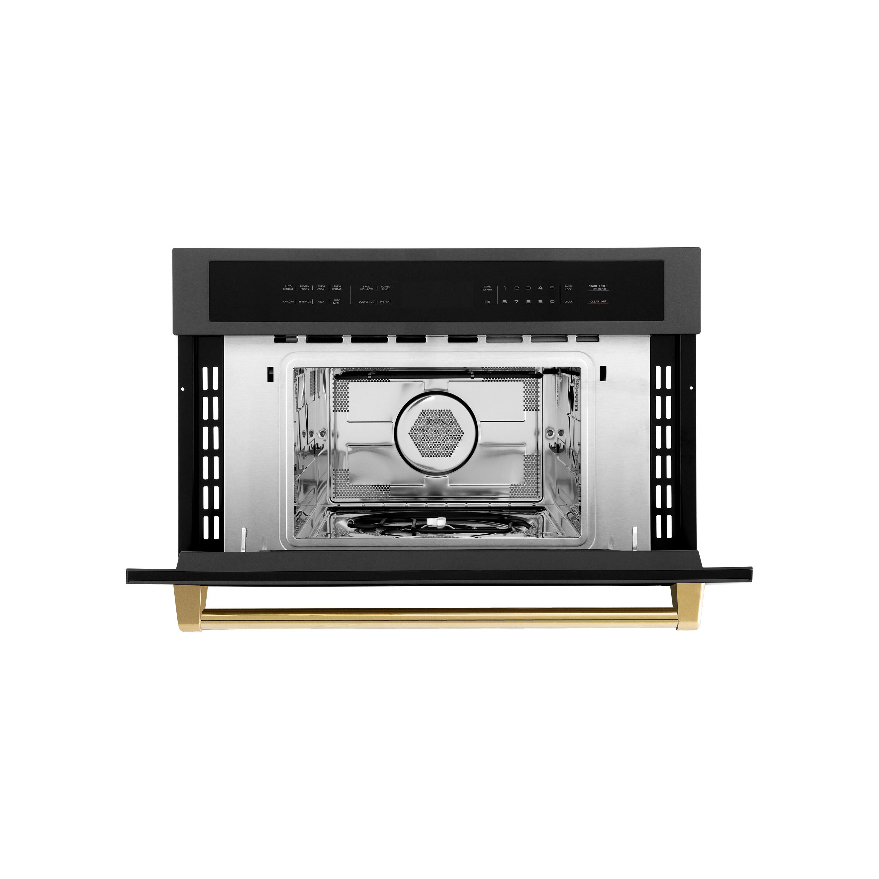 Angle. ZLINE - Autograph 30 in. 1.6 cu. ft. Built-in Convection Microwave Oven with Sensor Cooking in Black Stainless w/ Gold Accents - Black Stainless.