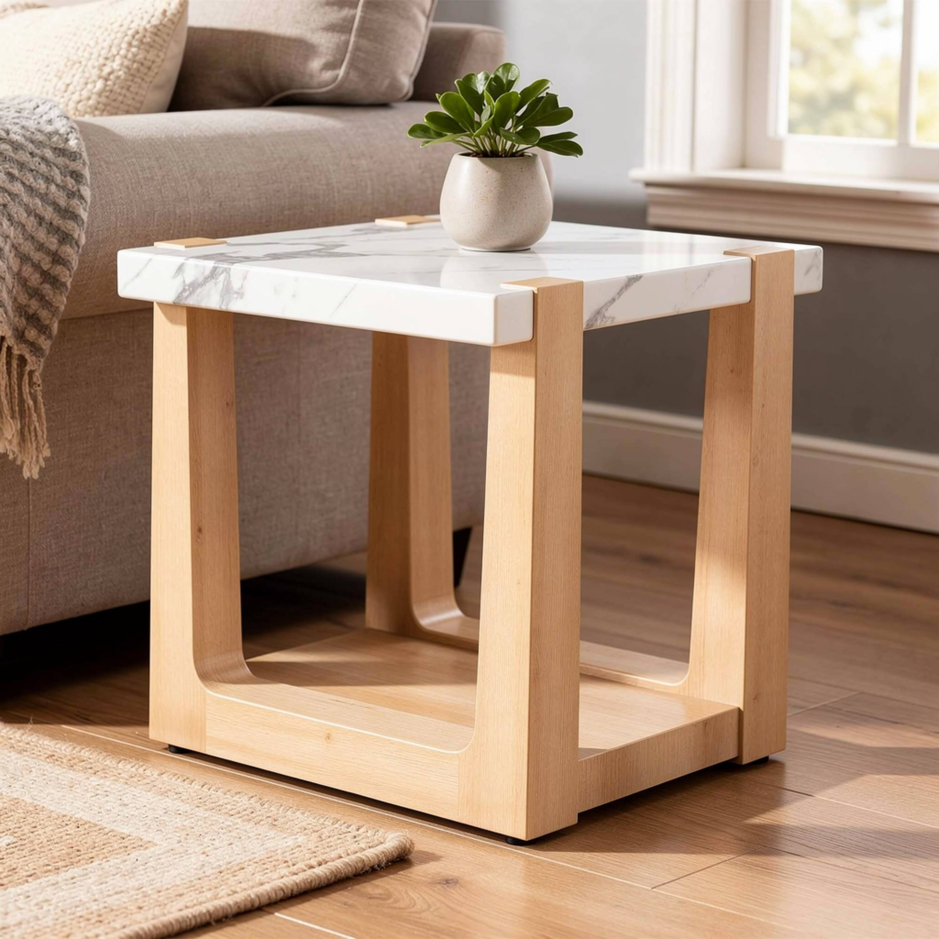 Alt View 4. Manhattan Lane - Sane Side End Table, 24 Inch Faux Marble Top with Shelf - White, Natural Brown.