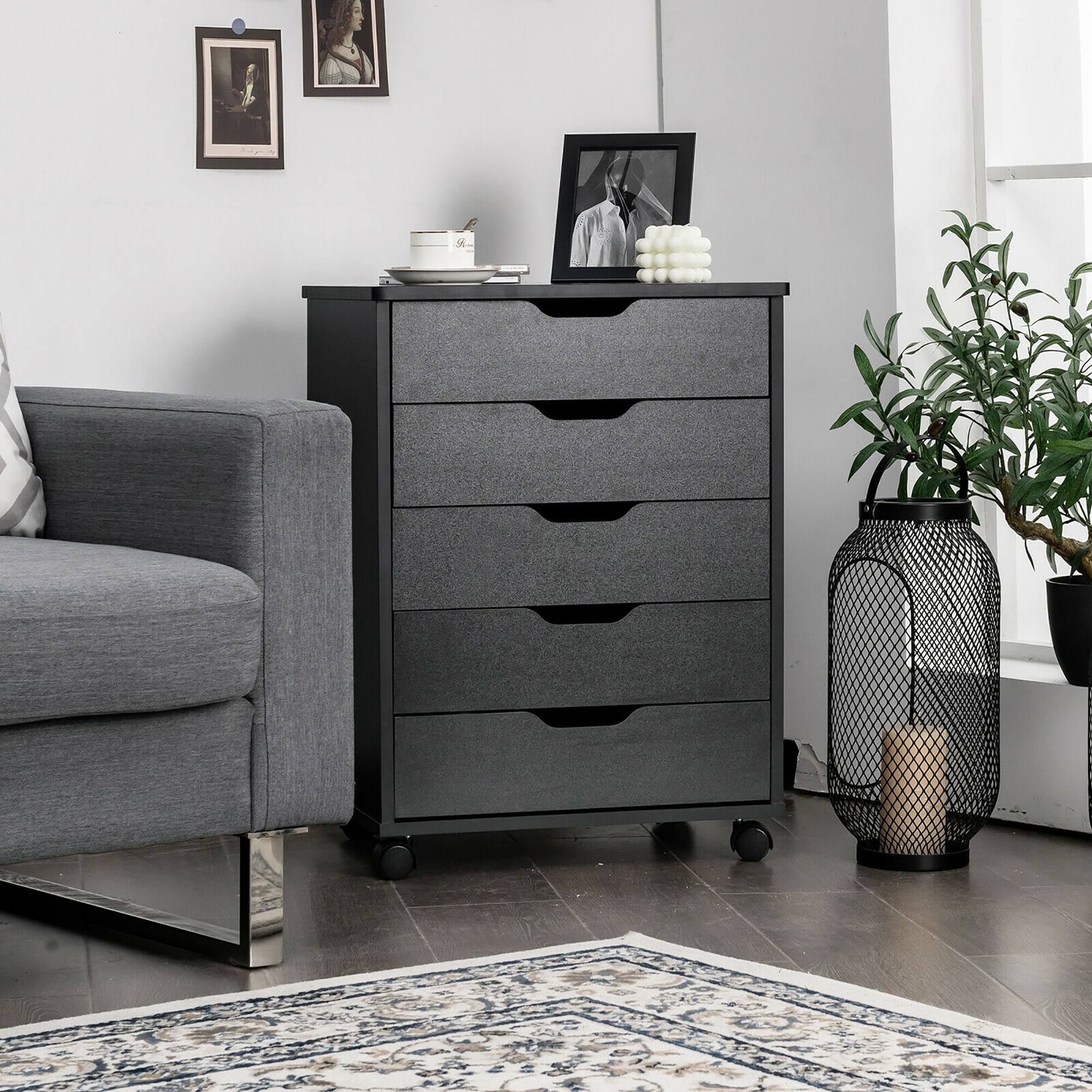Alt View 1. Costway - Costway 5 Drawer Chest Storage Dresser Floor Cabinet Organizer with Wheels - Black.