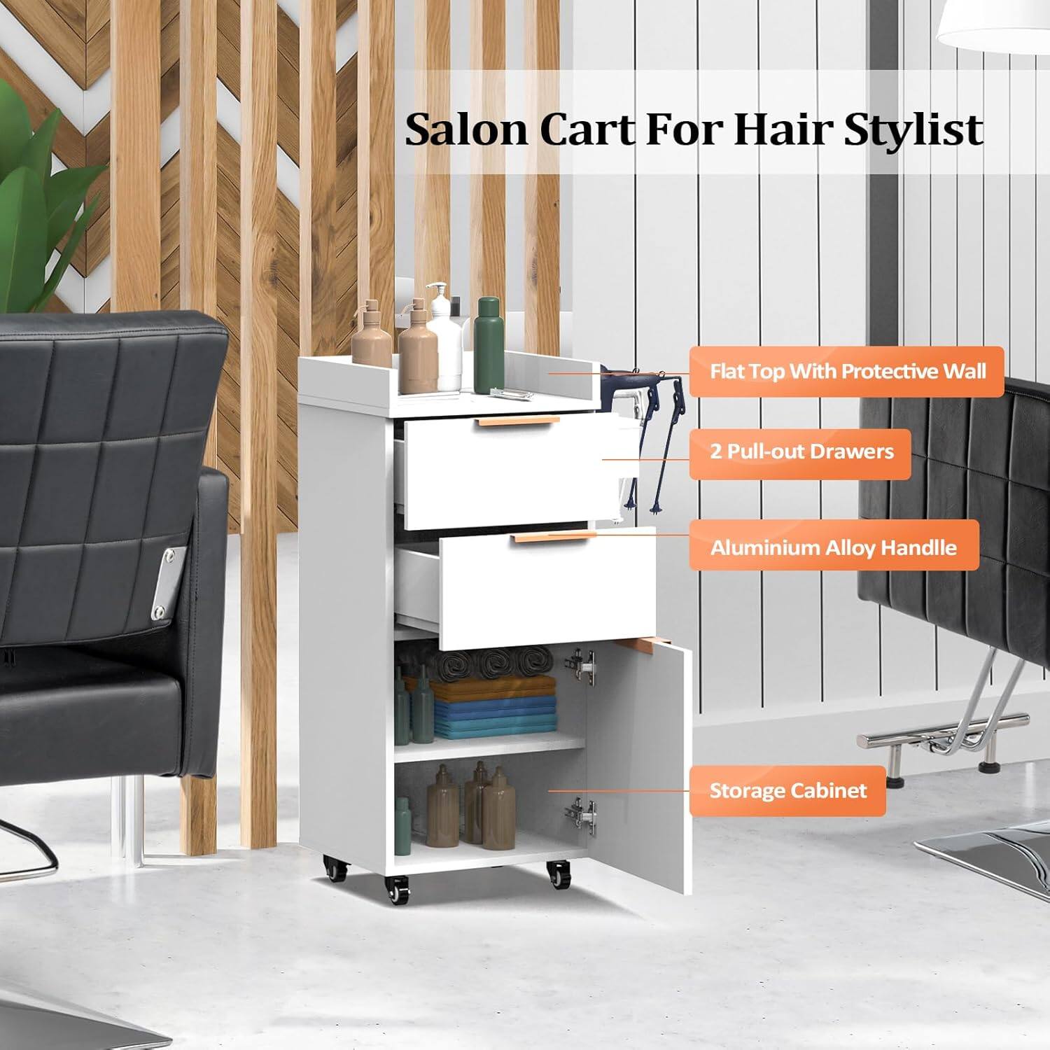 Salon Cart For Hair Stylist  
- Flat Top With Protective Wall  
- 2 Pull-out Drawers  
- Aluminium Alloy Handle  
- Storage Cabinet