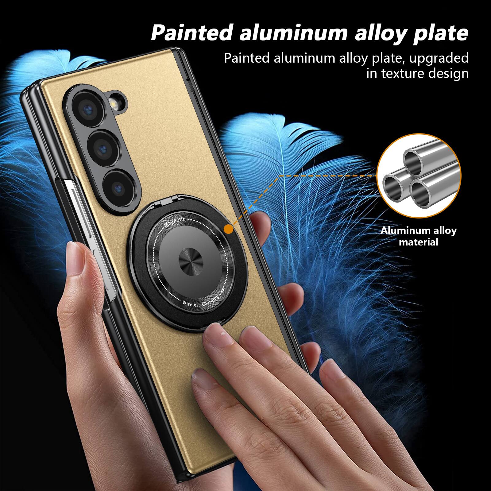 Painted aluminum alloy plate, upgraded in texture design  
Magnetic Aluminum alloy material  
Case Wireless Charging