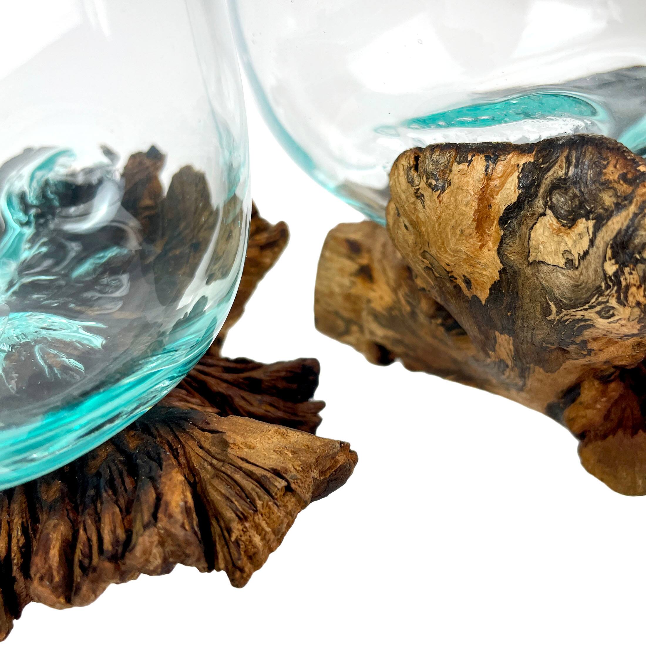 Alt View 2. Zeckos - Set of 2 Blown Molten Glass On Burl Wood Decorative Bowls Vases Terrariums - Brown.
