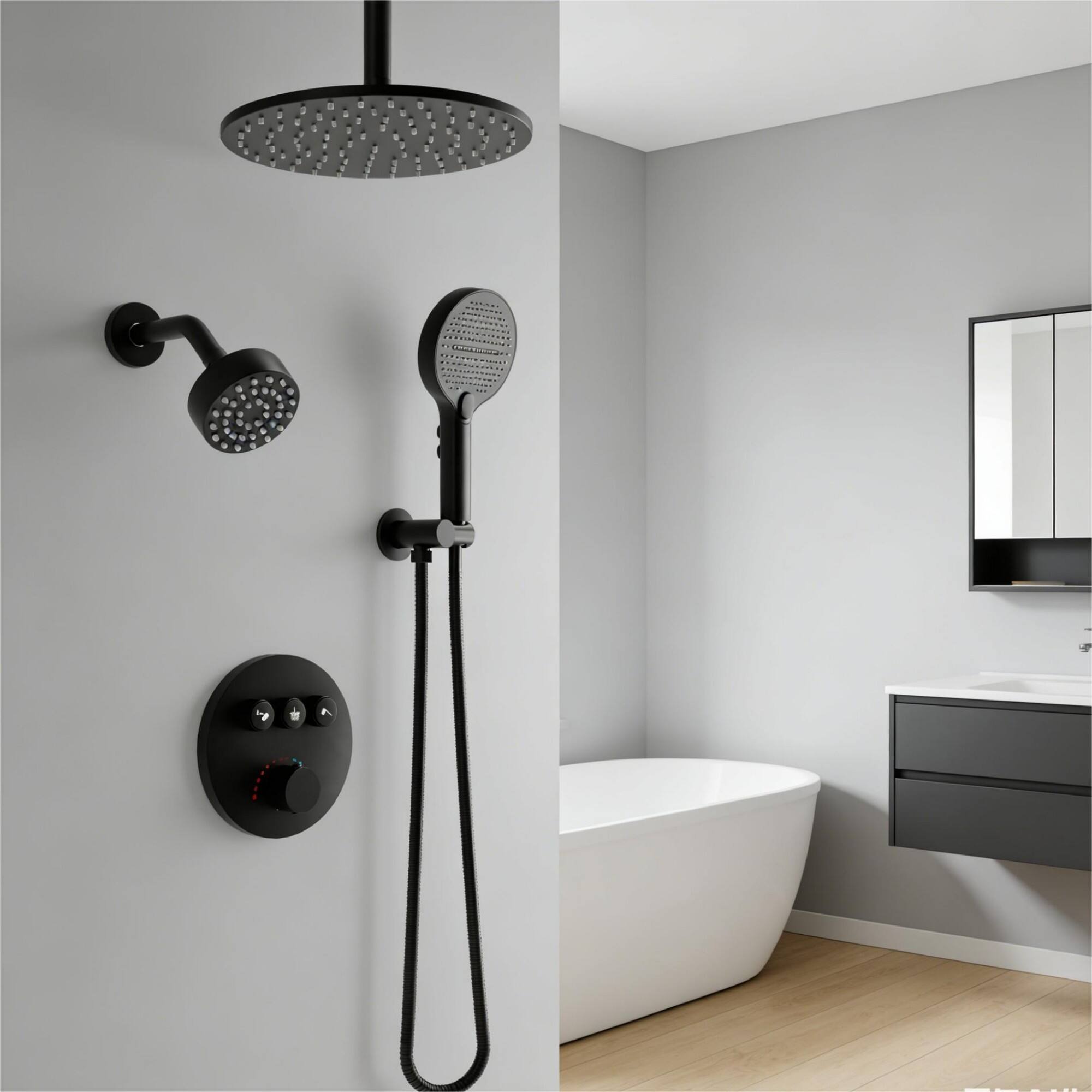 Alt View 2. Boyel Living - Matte Black Copper Shower Faucet Vernet Cartridge 10-Inch 4-Inch Top Spray 5-Function - Chrome.