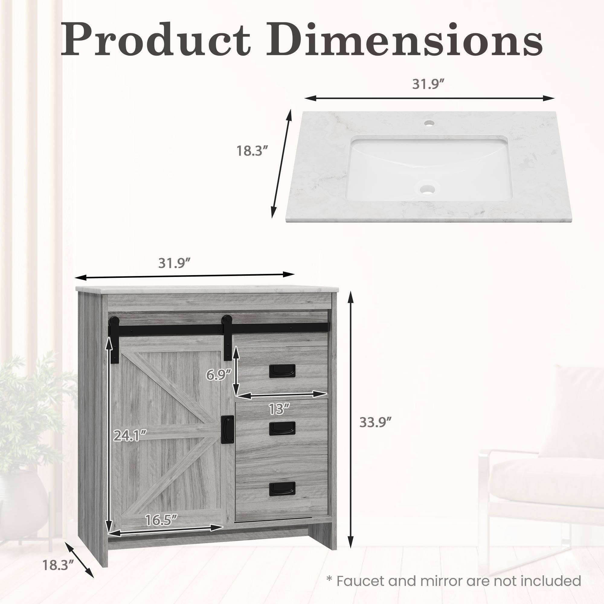 Product Dimensions

- Width: 31.9"
- Depth: 18.3"
- Height: 33.9"
- Sink Dimensions: 31.9" x 18.3"
- Cabinet Dimensions: 31.9" x 24.1" x 16.5"
- Drawer Dimensions: 13" x 6.9"
- *Faucet and mirror are not included