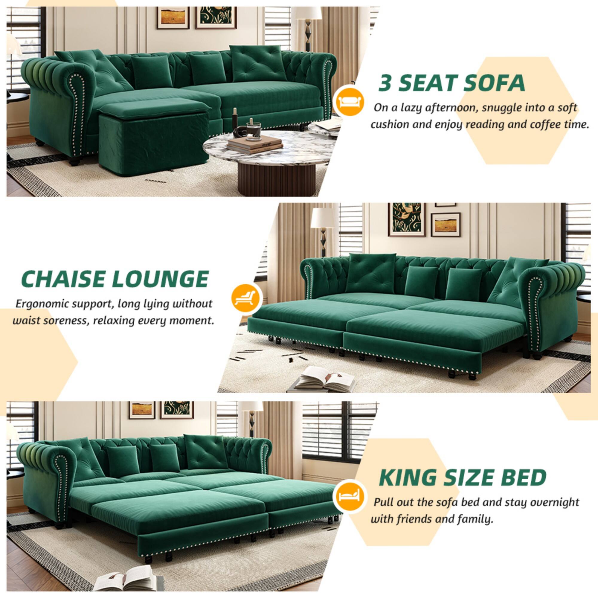 3 SEAT SOFA  
On a lazy afternoon, snuggle into a soft cushion and enjoy reading and coffee time.

CHAISE LOUNGE  
Ergonomic support, long lying without waist soreness, relaxing every moment.

KING SIZE BED  
Pull out the sofa bed and stay overnight with friends and family.